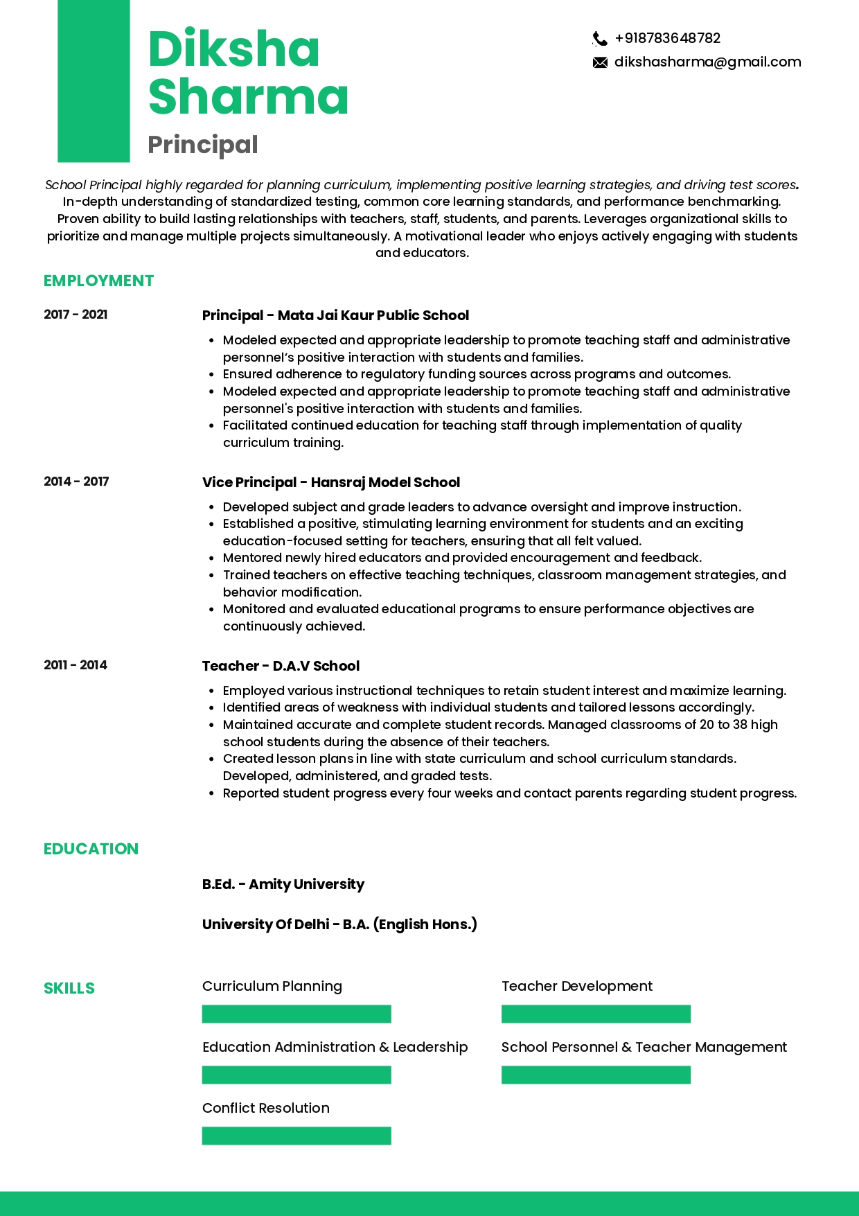 resume format for school principal in india