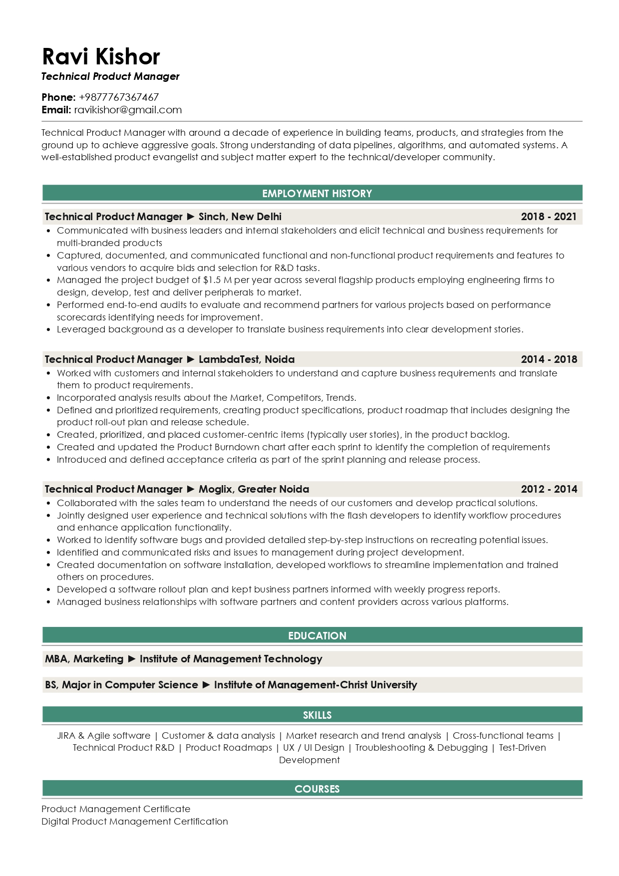 Resume of Technical Product Manager