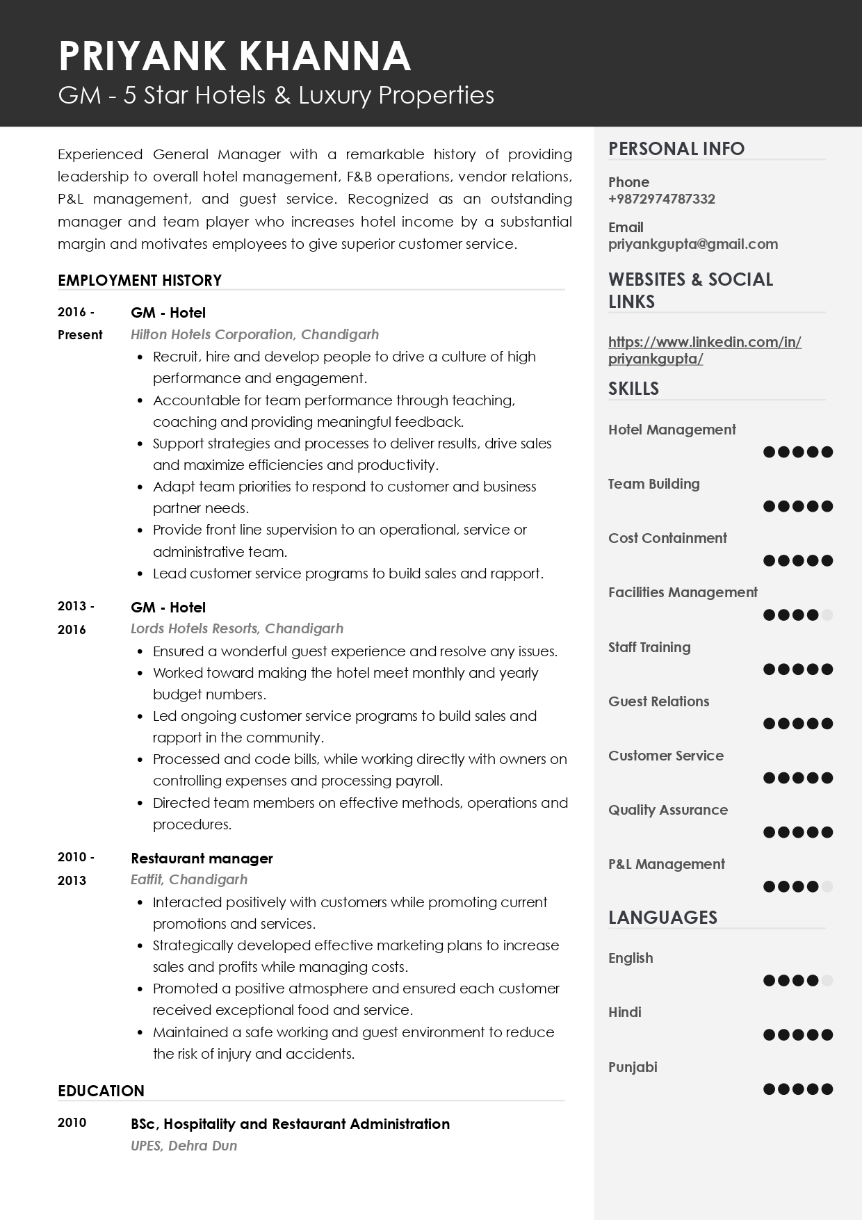 Resume of GM-Hotel