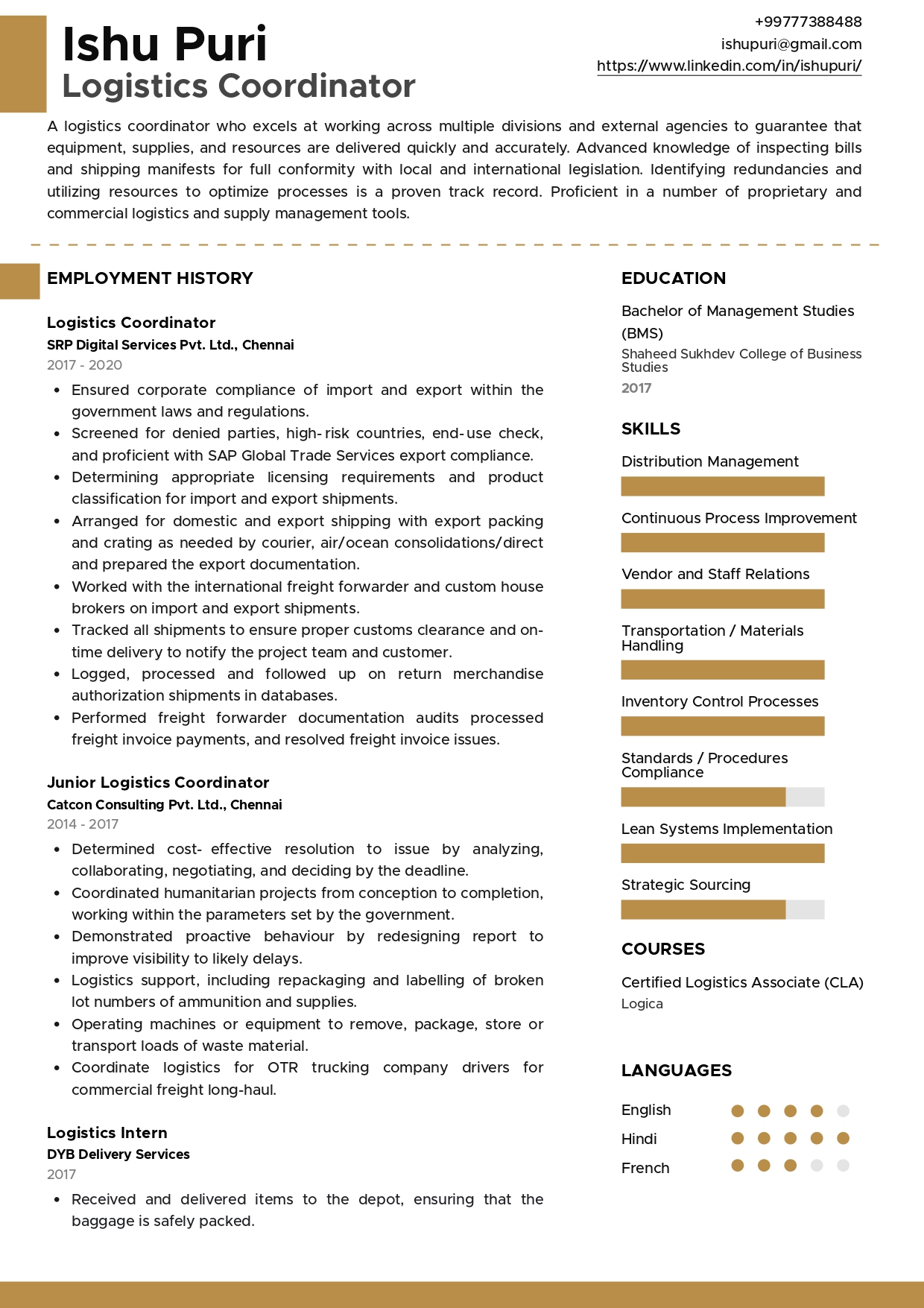 Resume of Logistics Coordinator