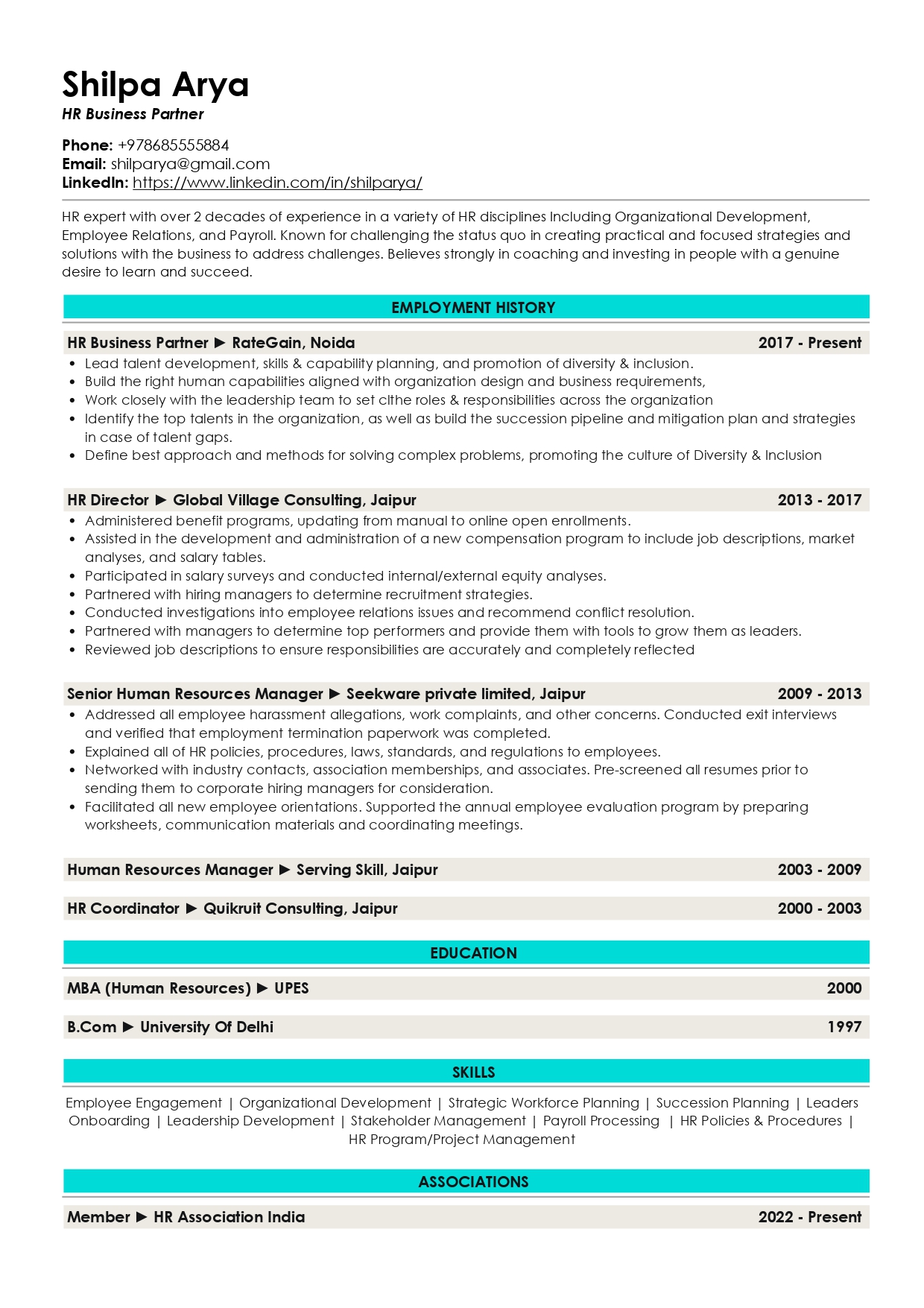 Resume of HR Business Partner (HRBP)