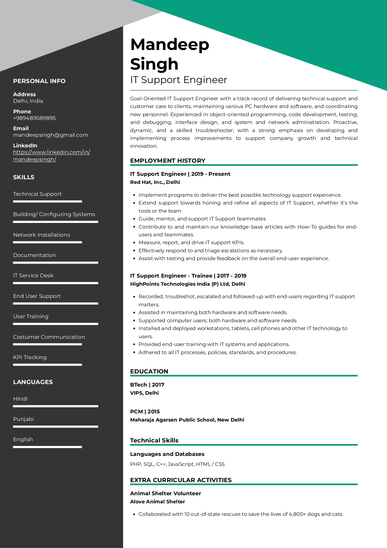 Resume of IT Support Engineer