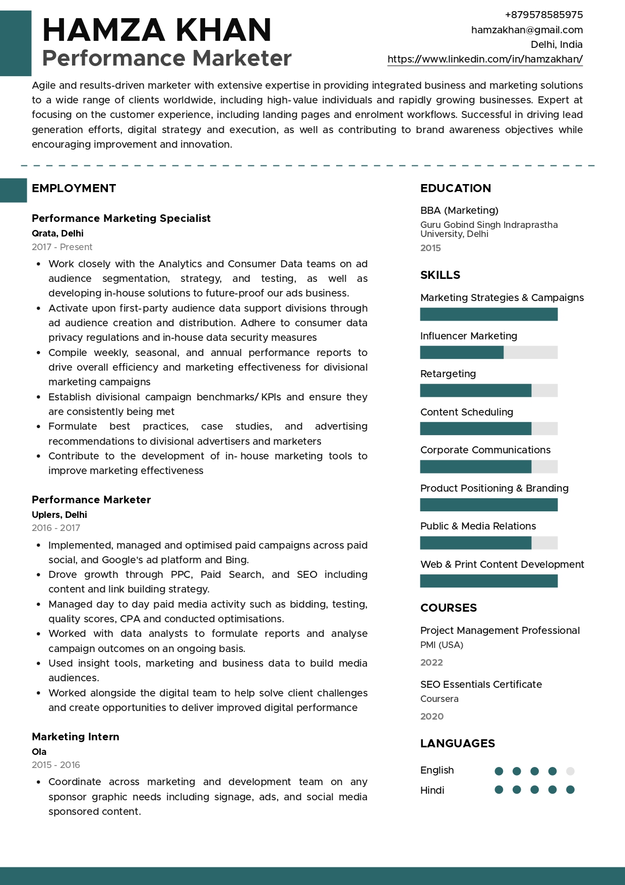 Sample Resume of Performance Marketer with Template & Writing Guide