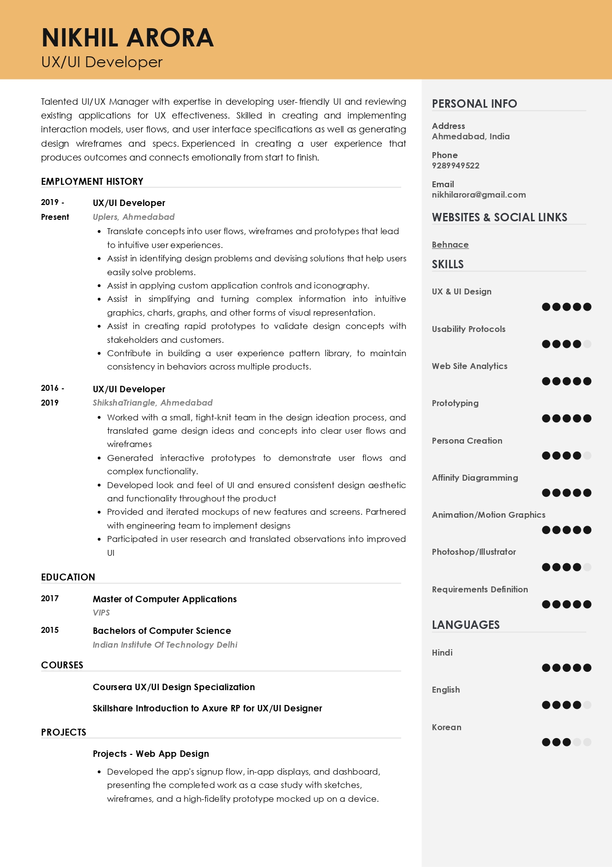 Resume of UX/UI Developer