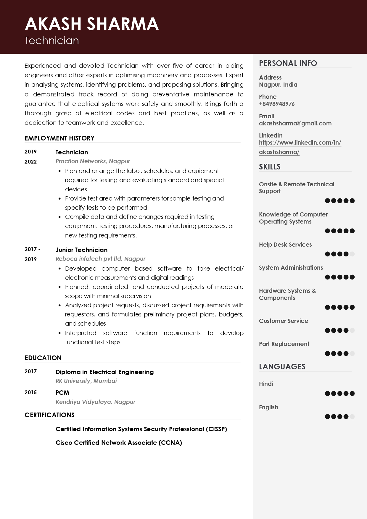 Resume of Technician