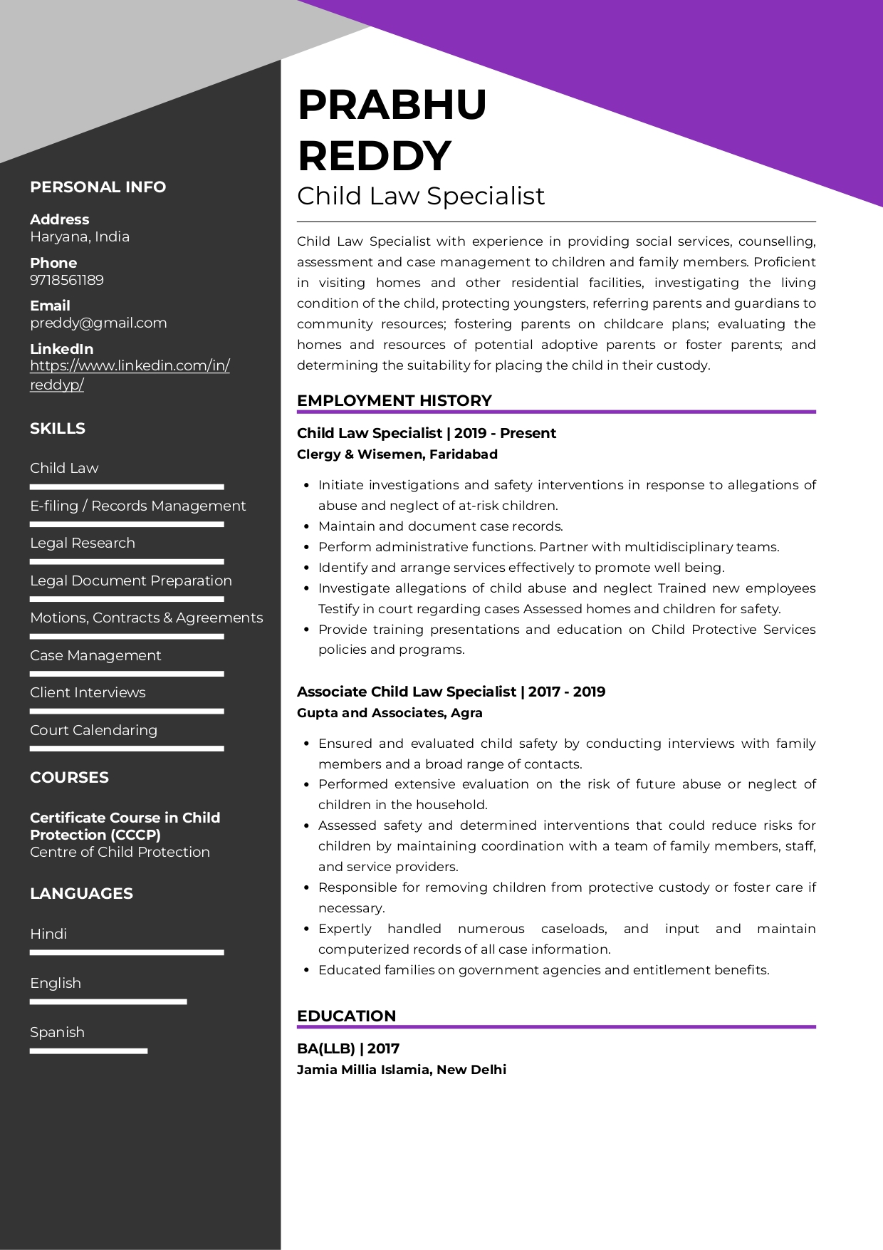 Resume of Child Law Specialist