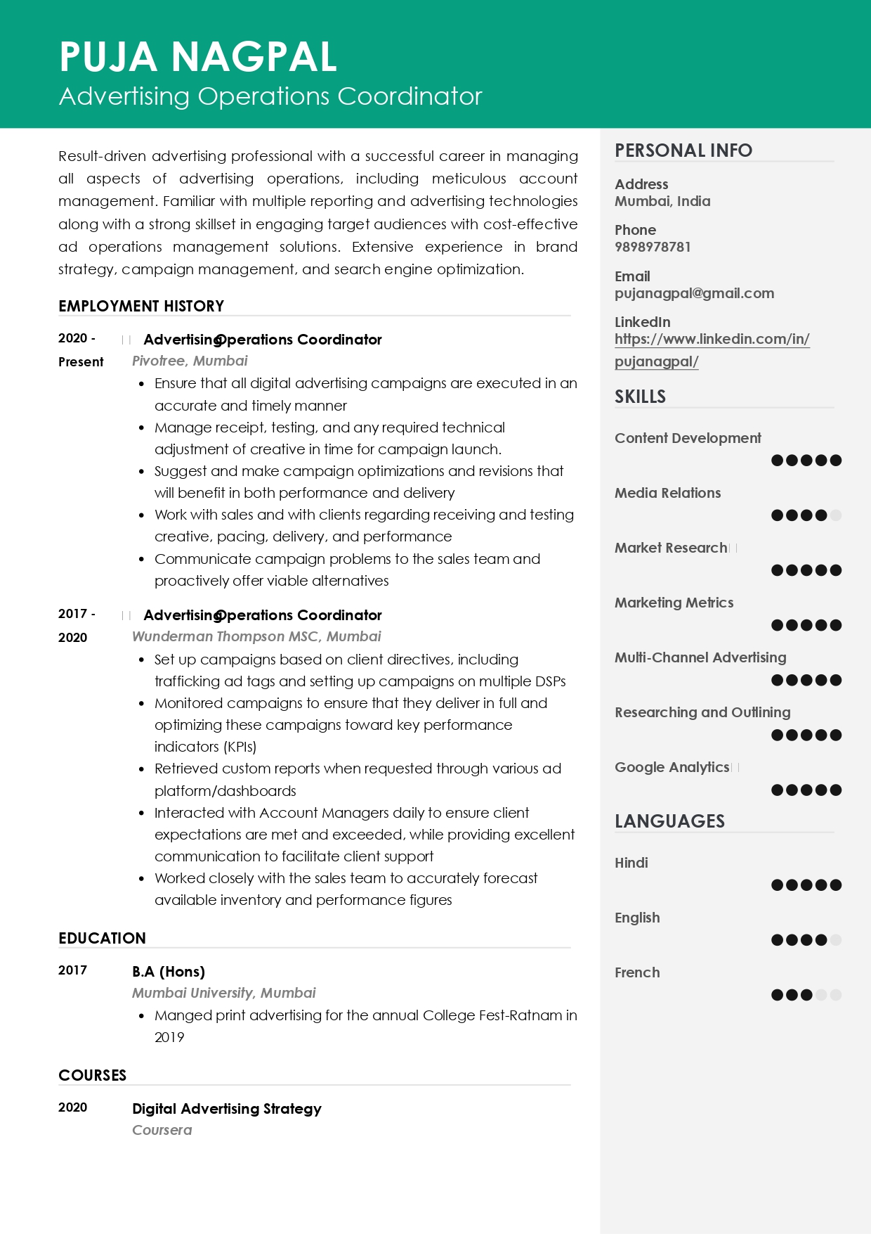 Resume of Advertising Operations Coordinator