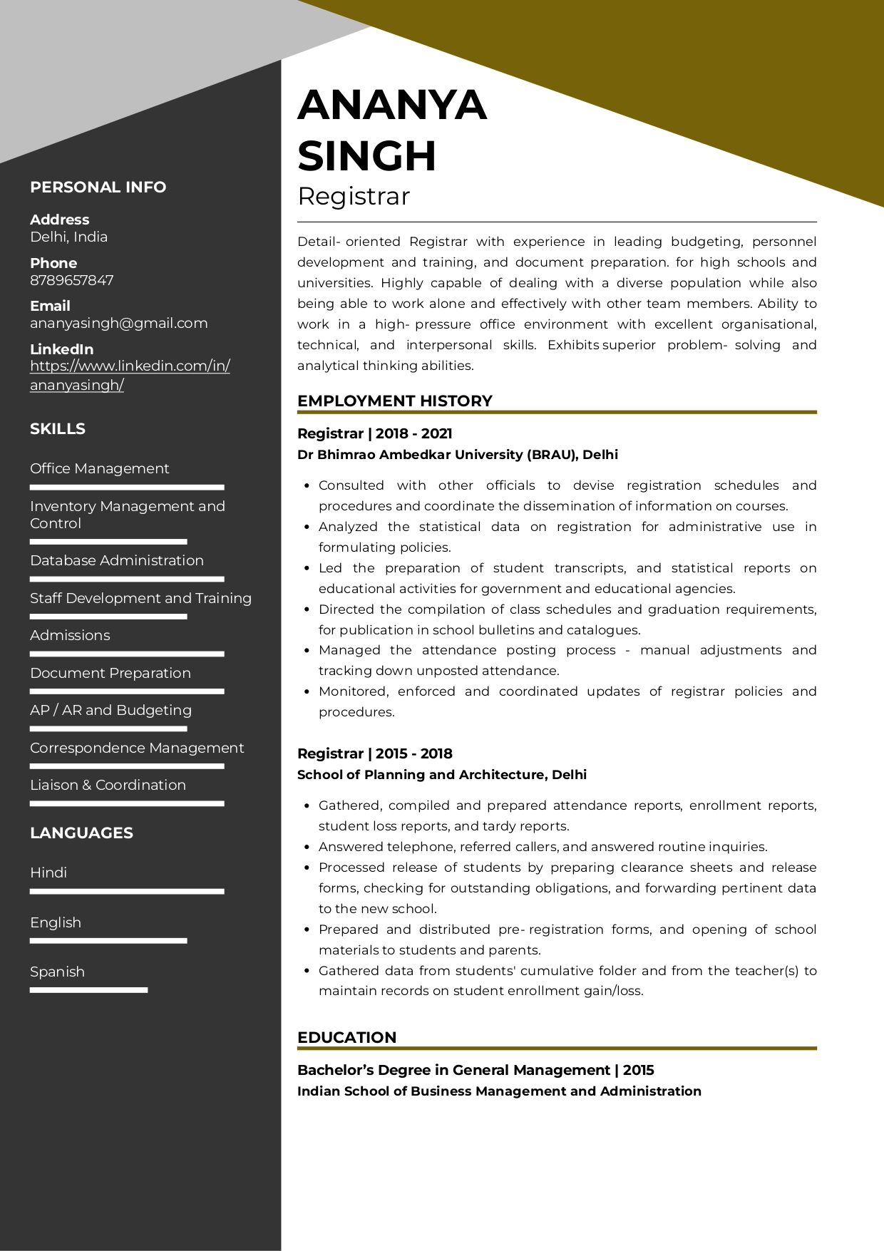 Resume of Registrar