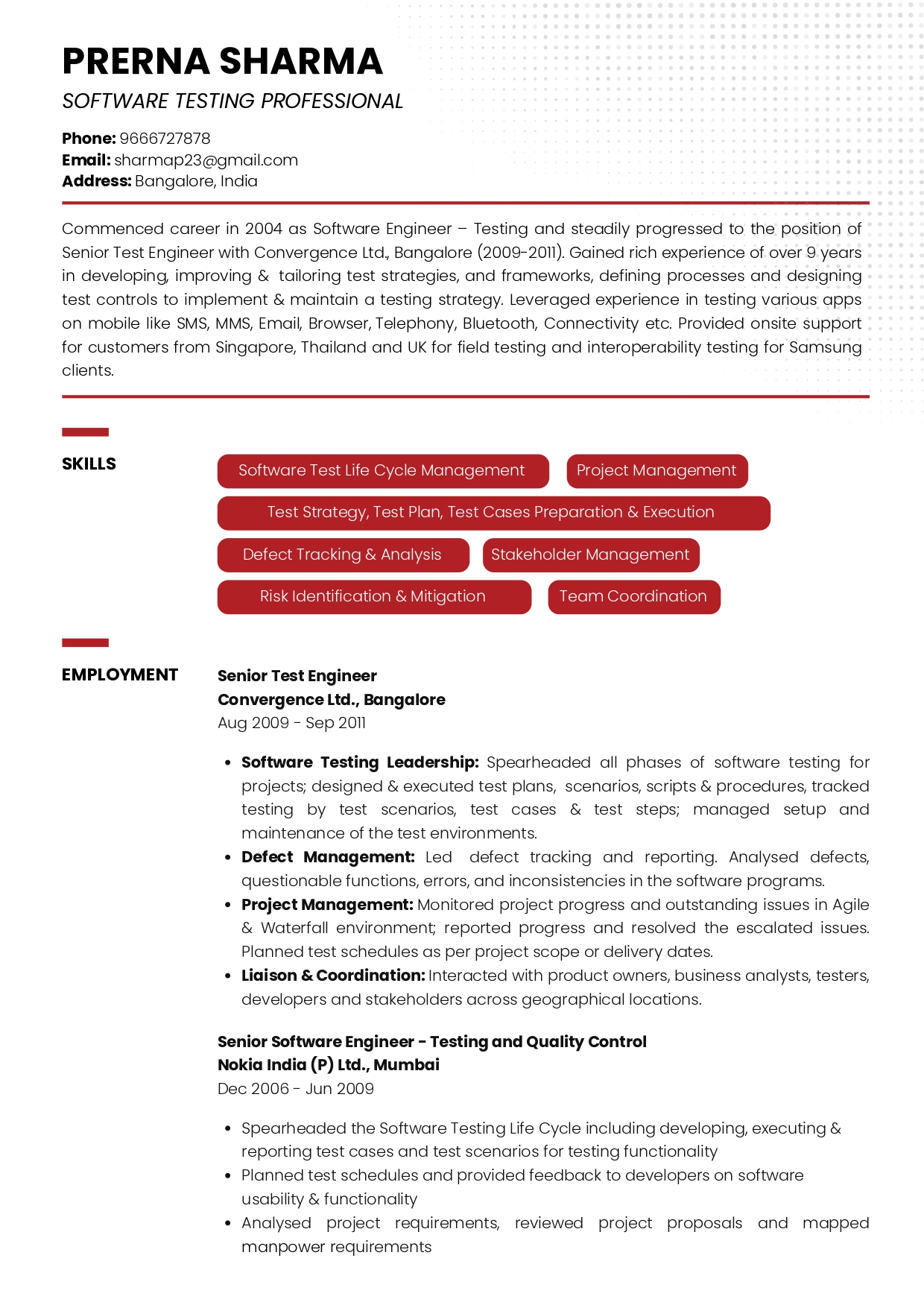 Resume of Software Testing Professional with Career Break