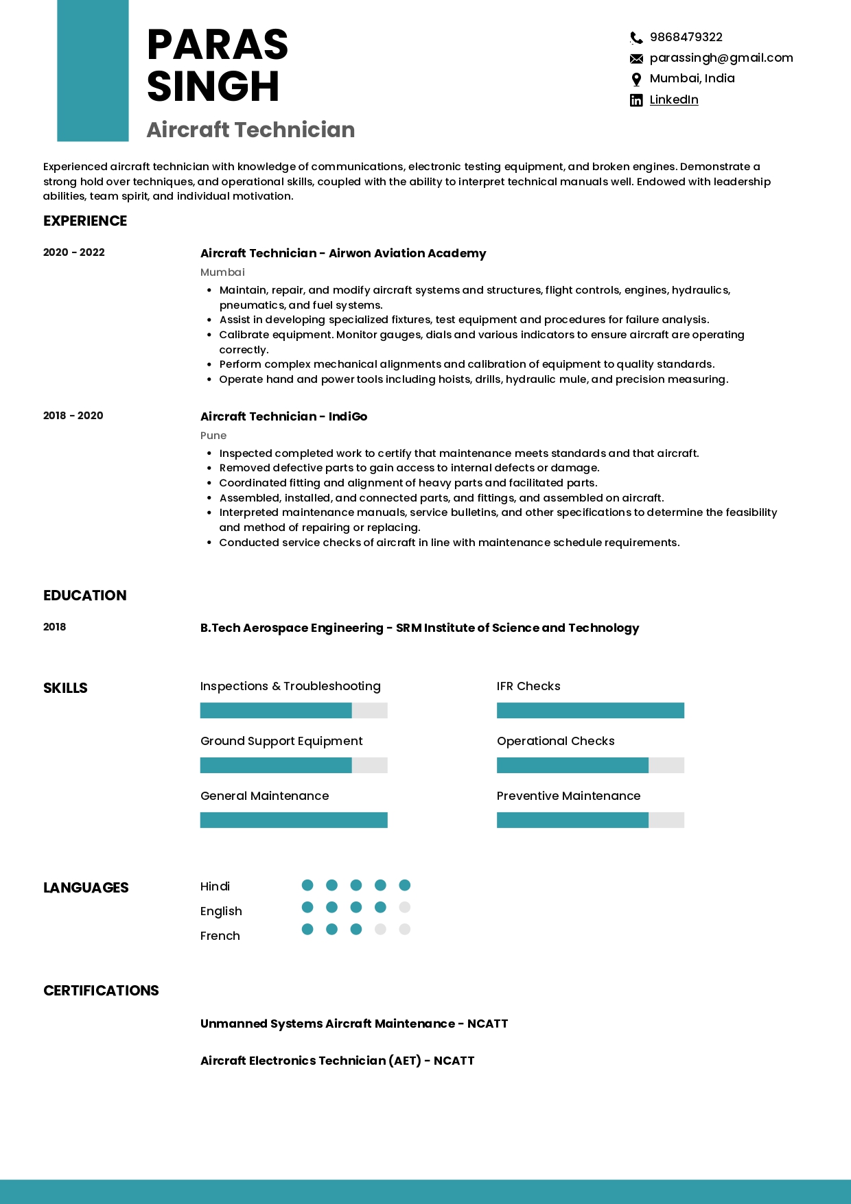 Aerospace Maintenance Resume