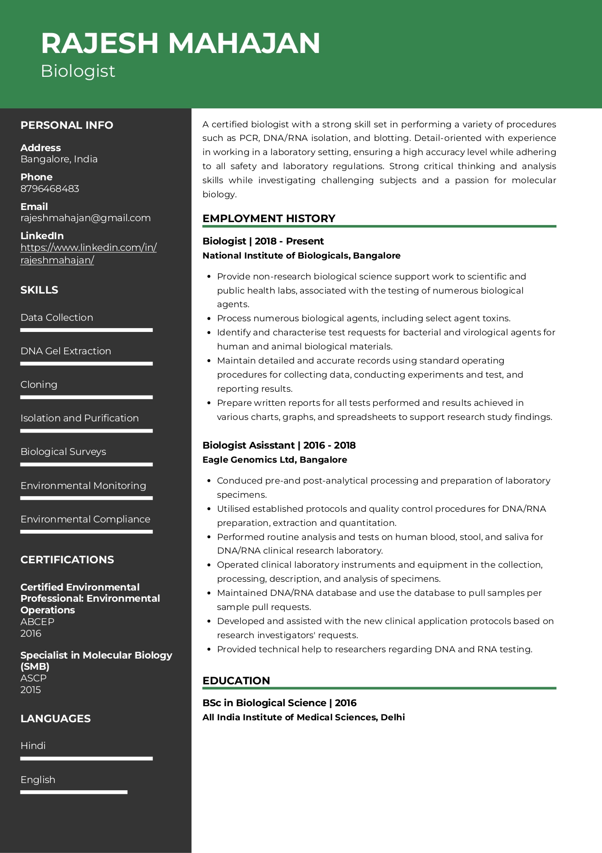 Sample Resume of Biologist with Template & Writing Guide | Resumod.co