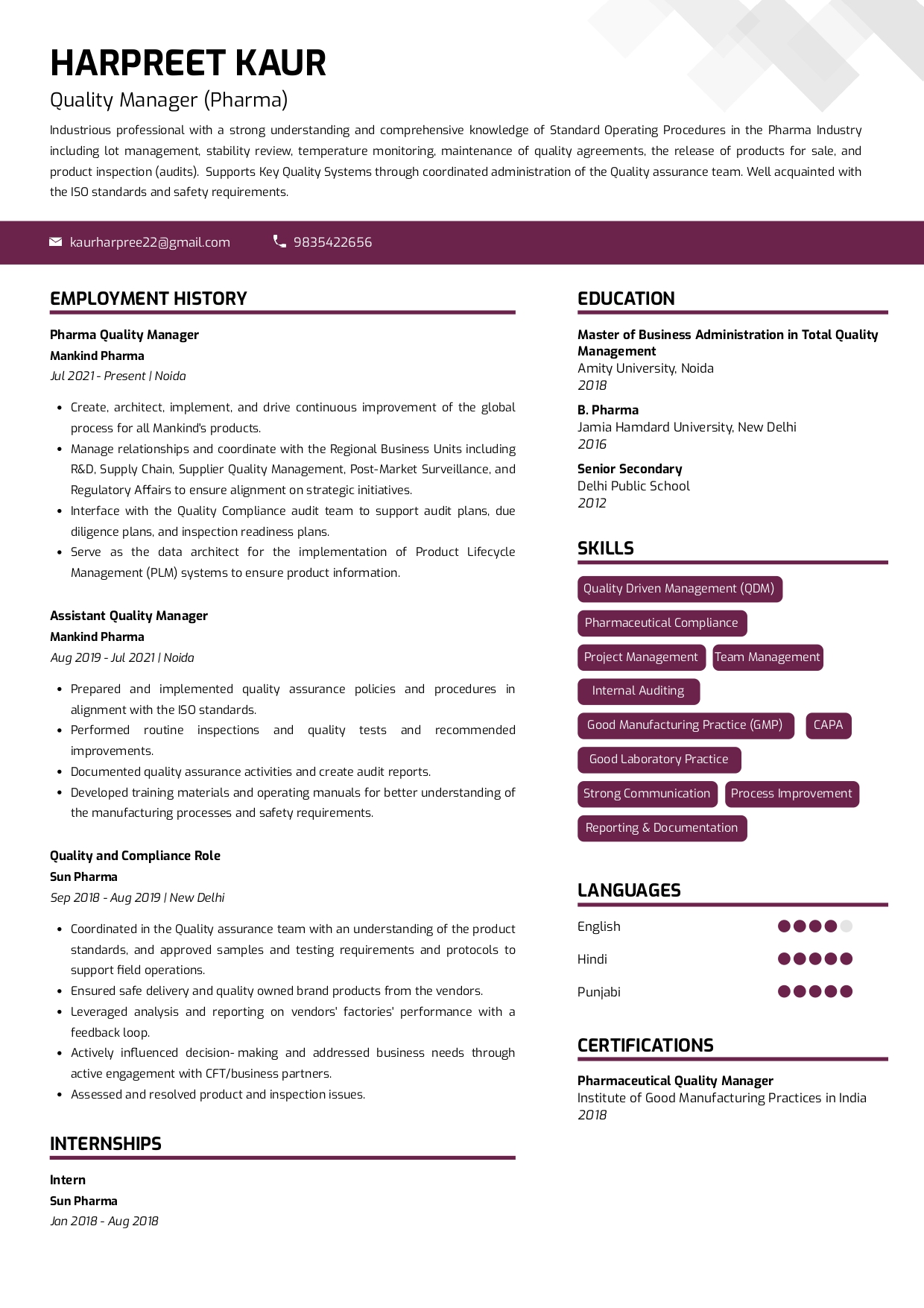 Resume of Quality Manager - Pharma