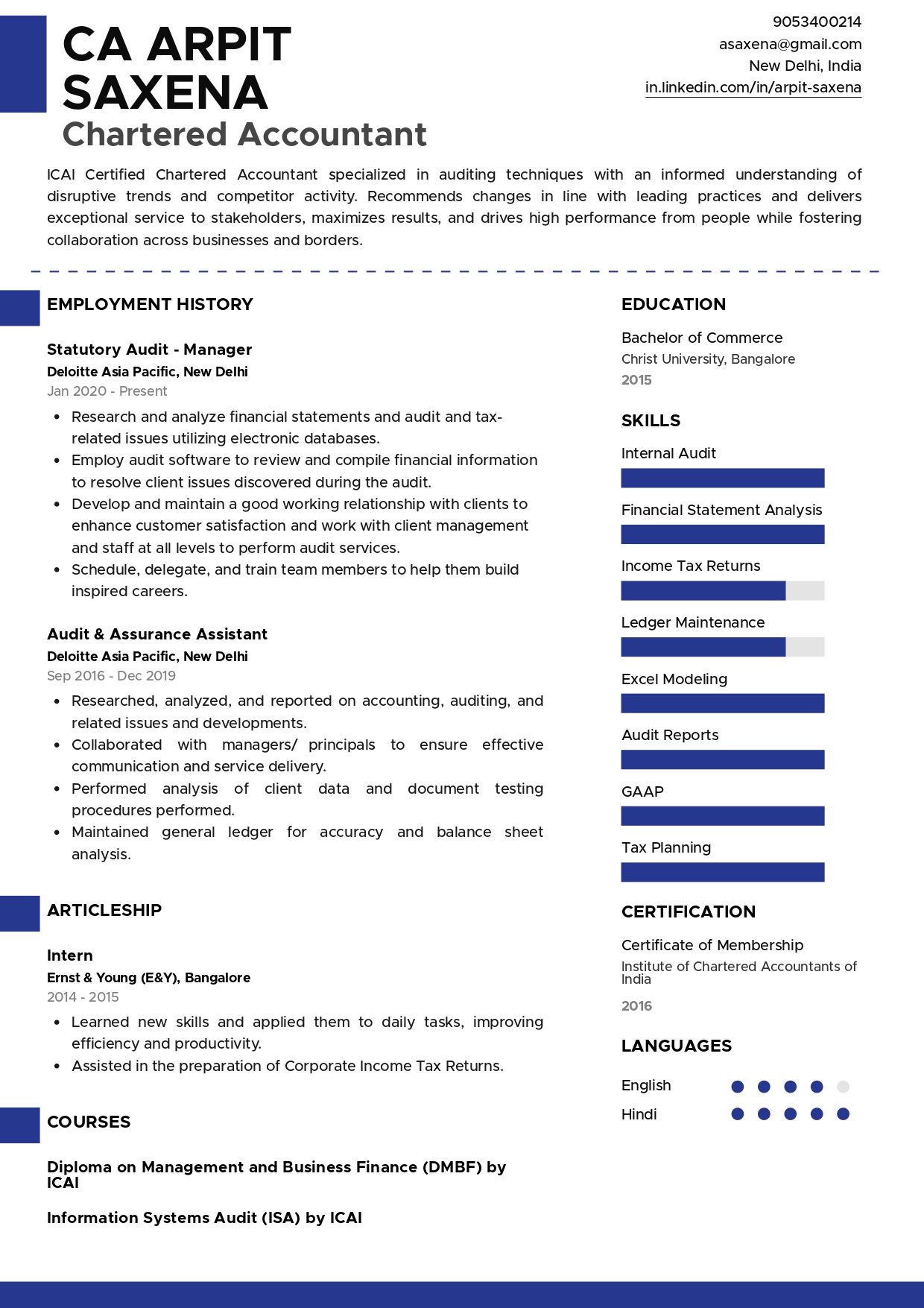 resume format for experienced chartered accountant