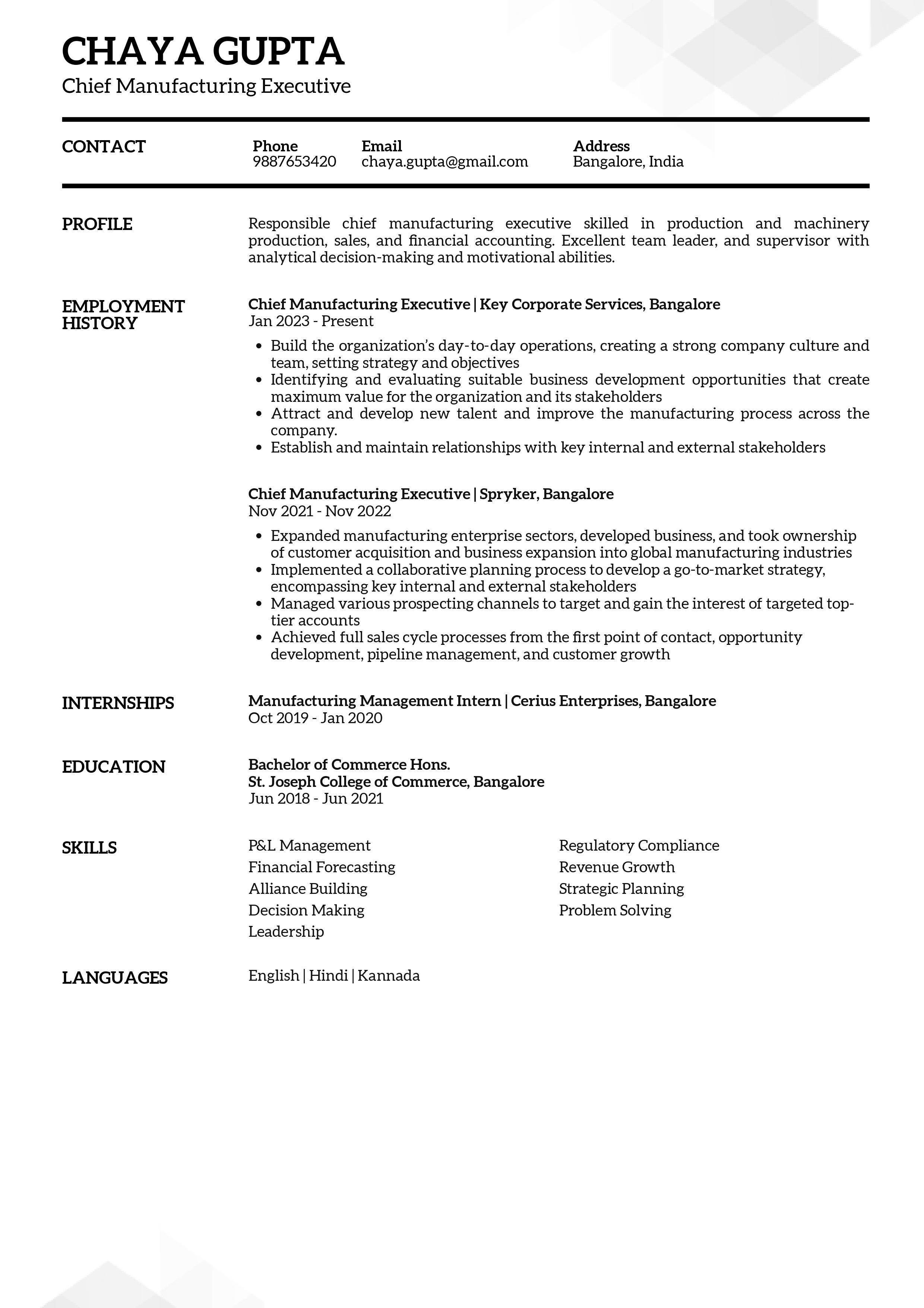 Chief Manufacturing Officer Job Description