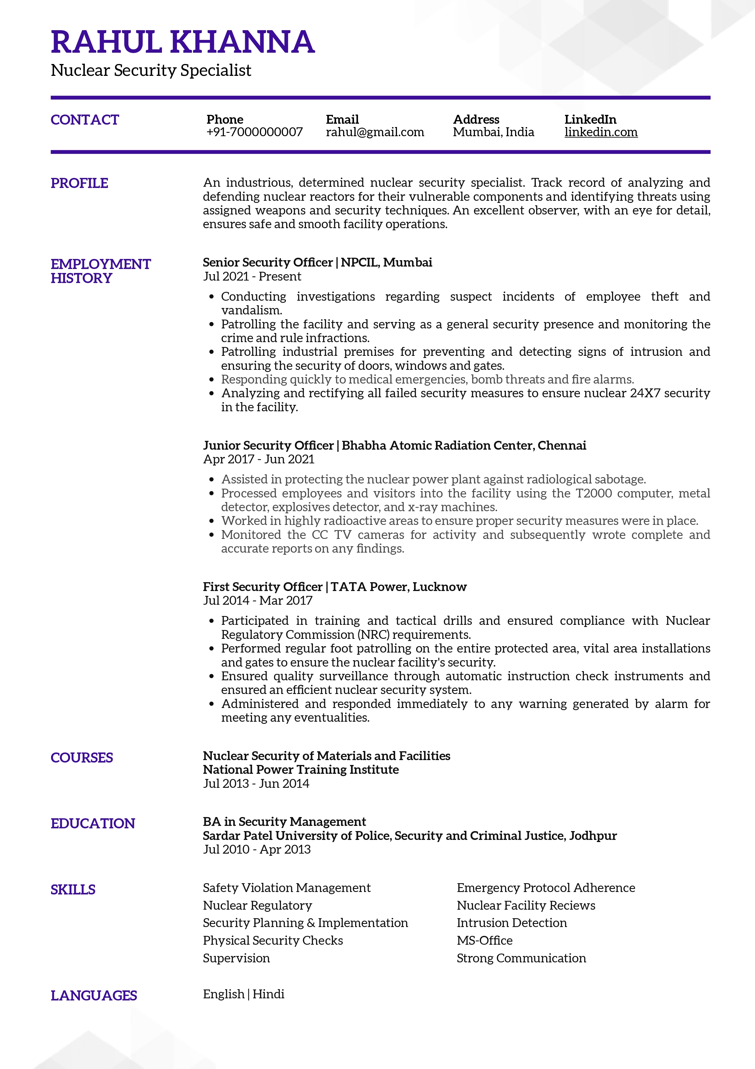 Sample Resume of Nuclear Security Specialist with Template & Writing ...