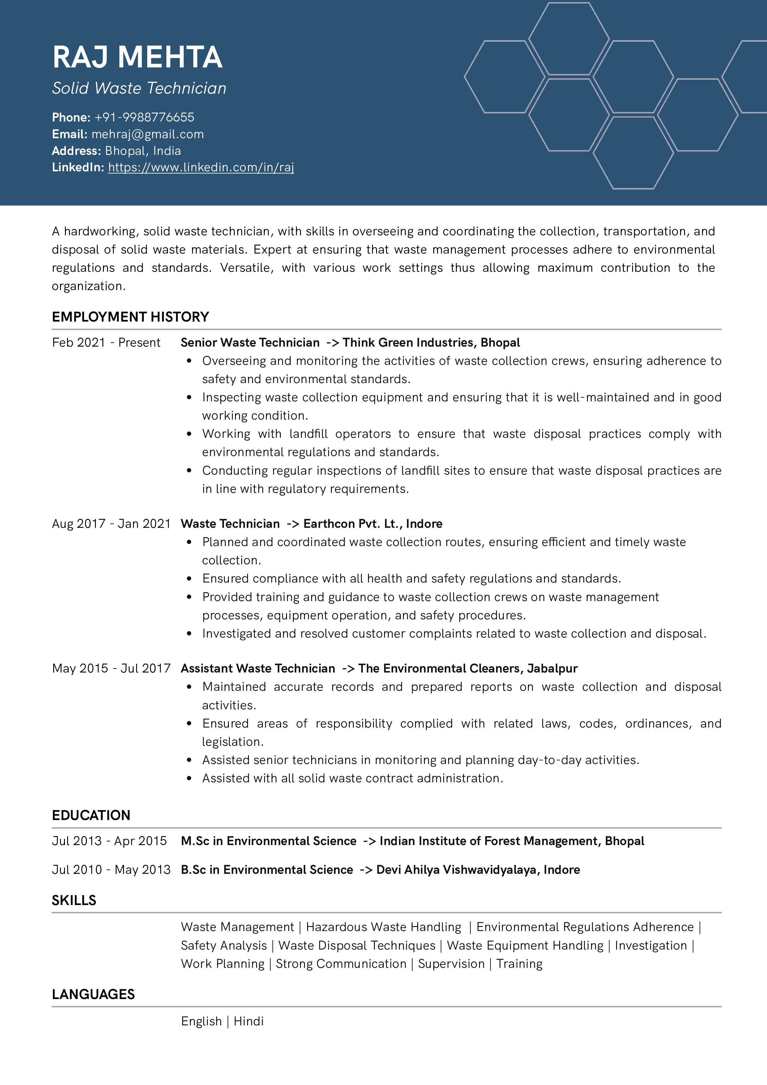 Sample Resume of Solid Waste Technician with Template & Writing Guide ...