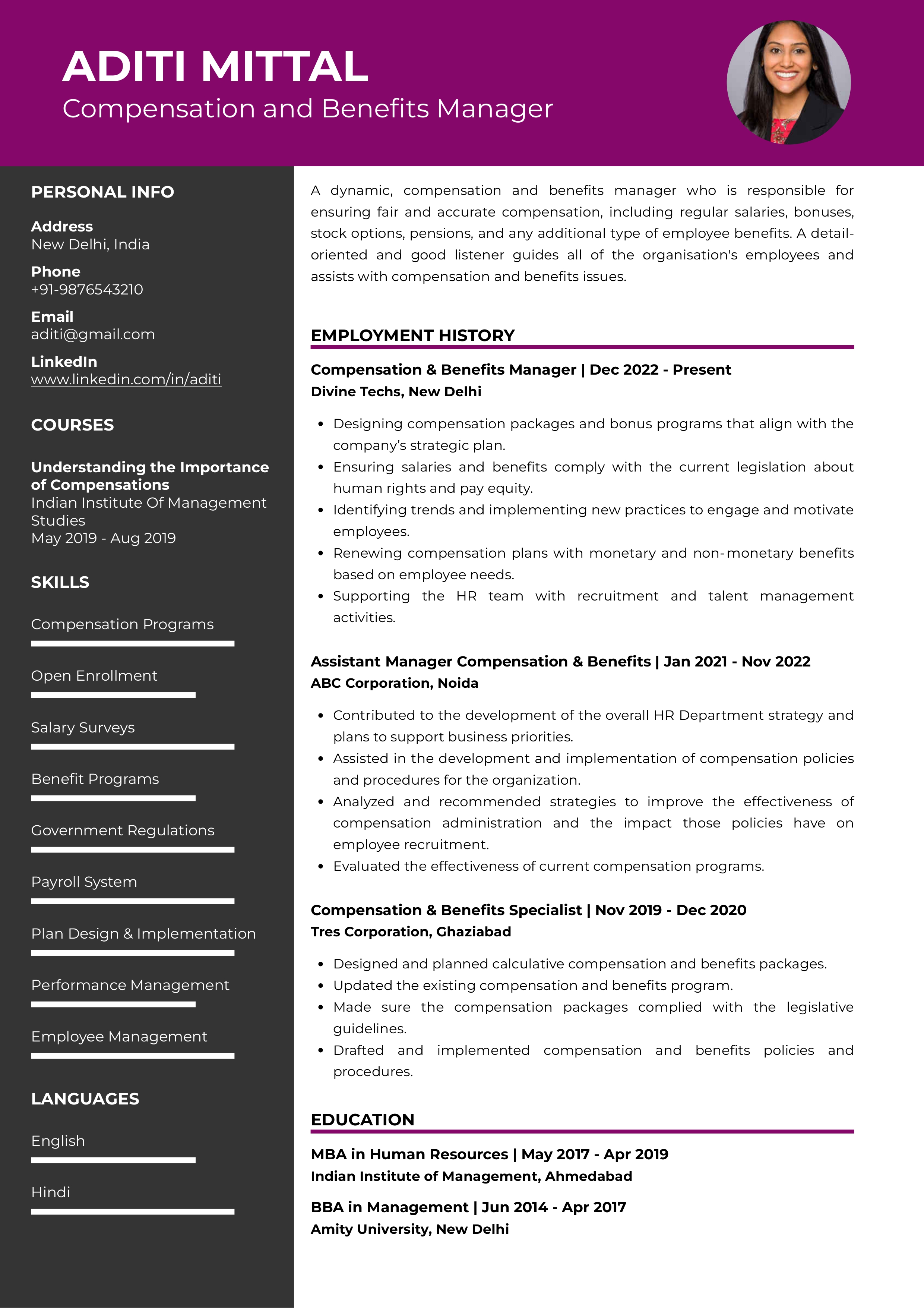 Sample Resume Of Compensation And Benefits Manager With Template And Writing Guide 5293