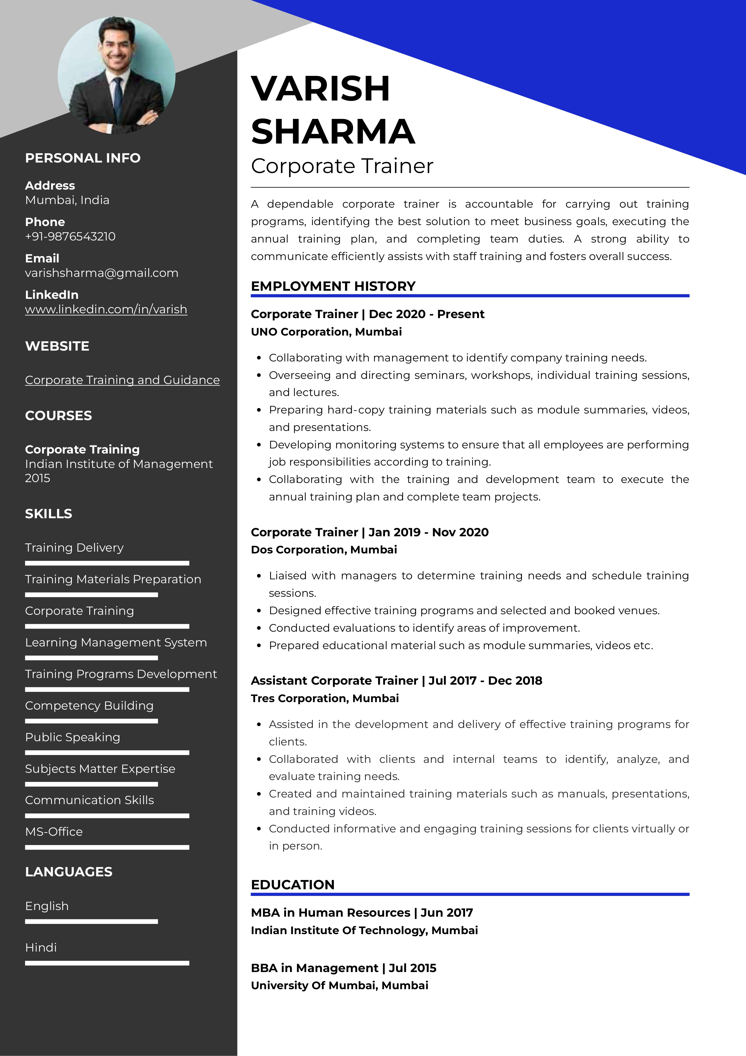 Sample Resume Of Corporate Trainer With Template Writing Guide 