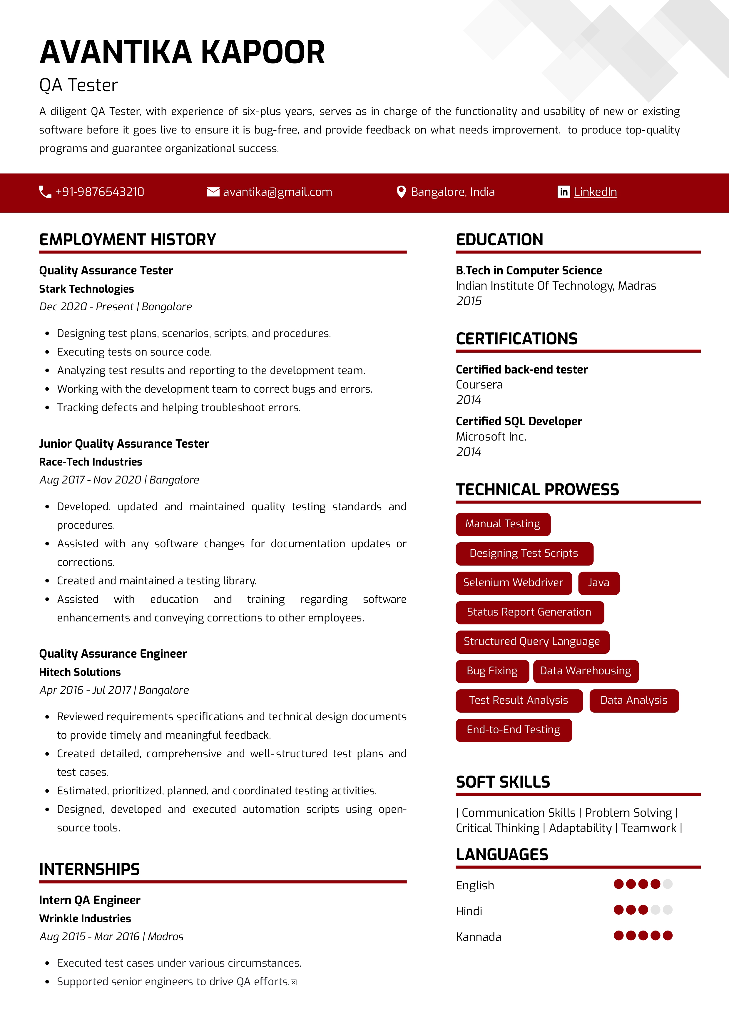 sample resume qa tester entry level