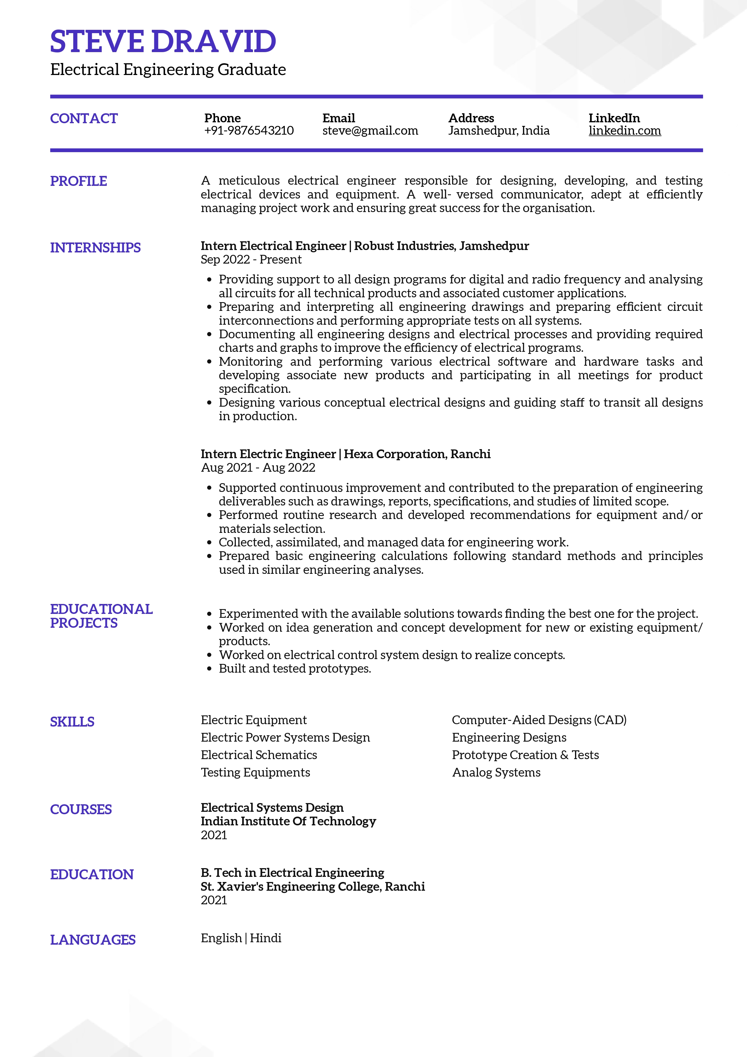 Sample Resume of Electrical Engineering Graduate with Template ...