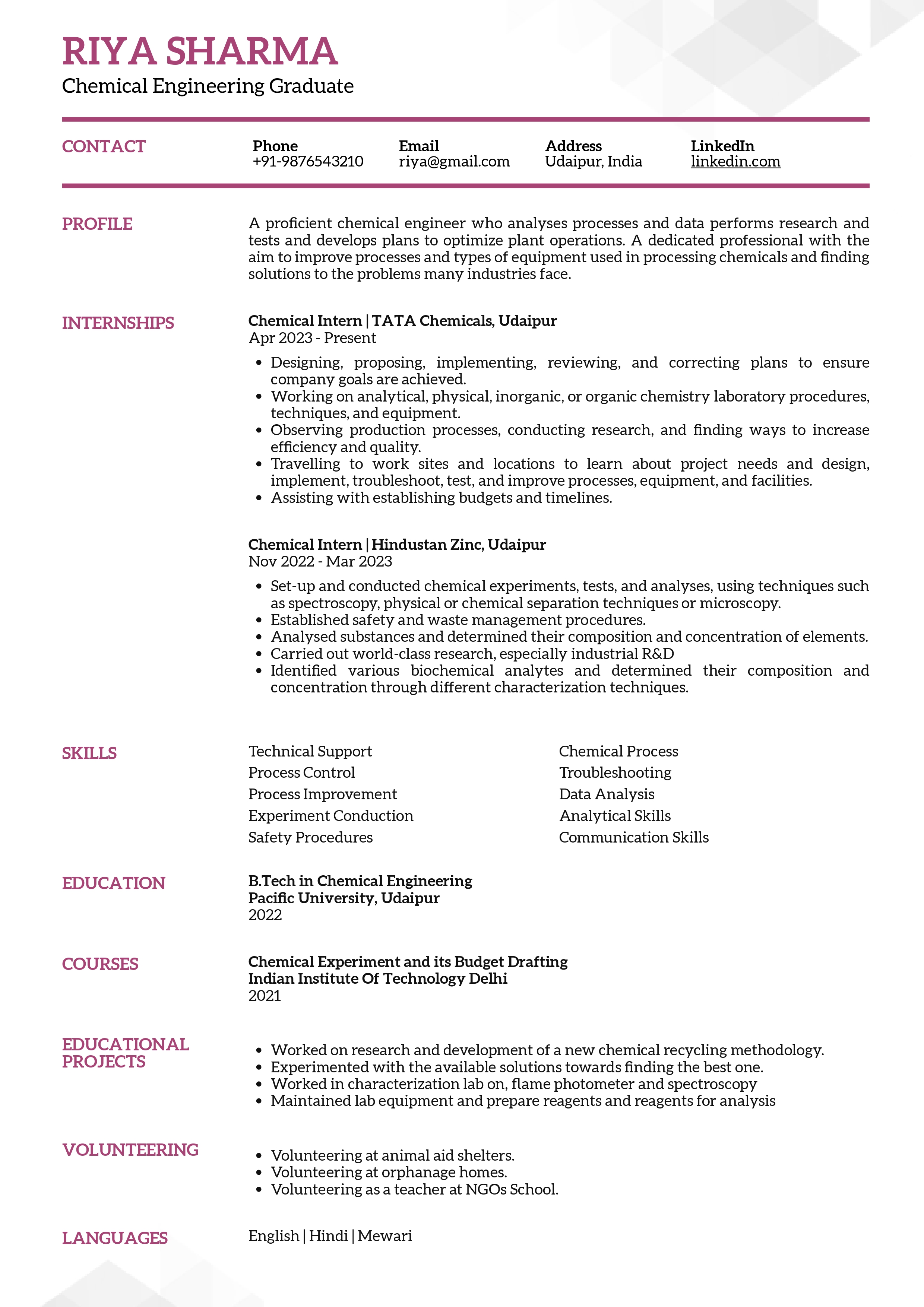 Sample Resume Of Chemical Engineering Graduate With Template Writing Guide Resumod Co