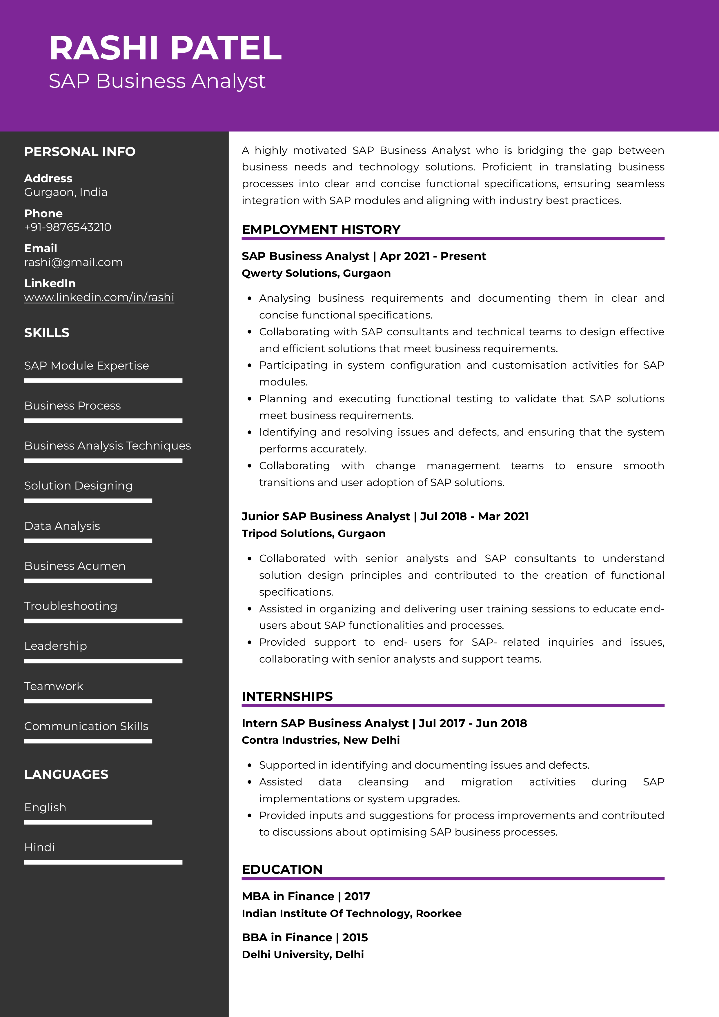 sap support analyst resume