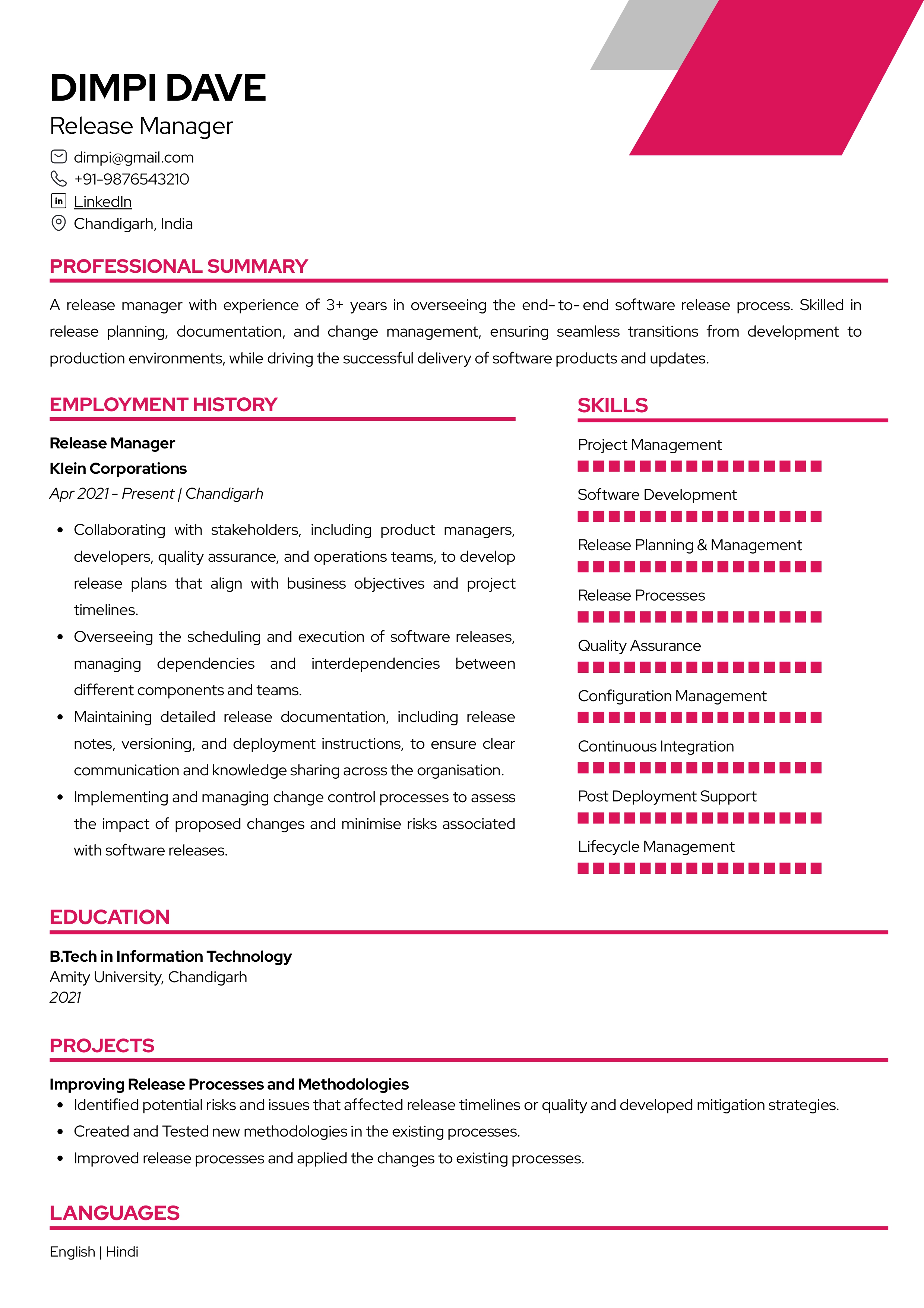 Sample Resume of Release Manager with Template & Writing Guide | Resumod.co