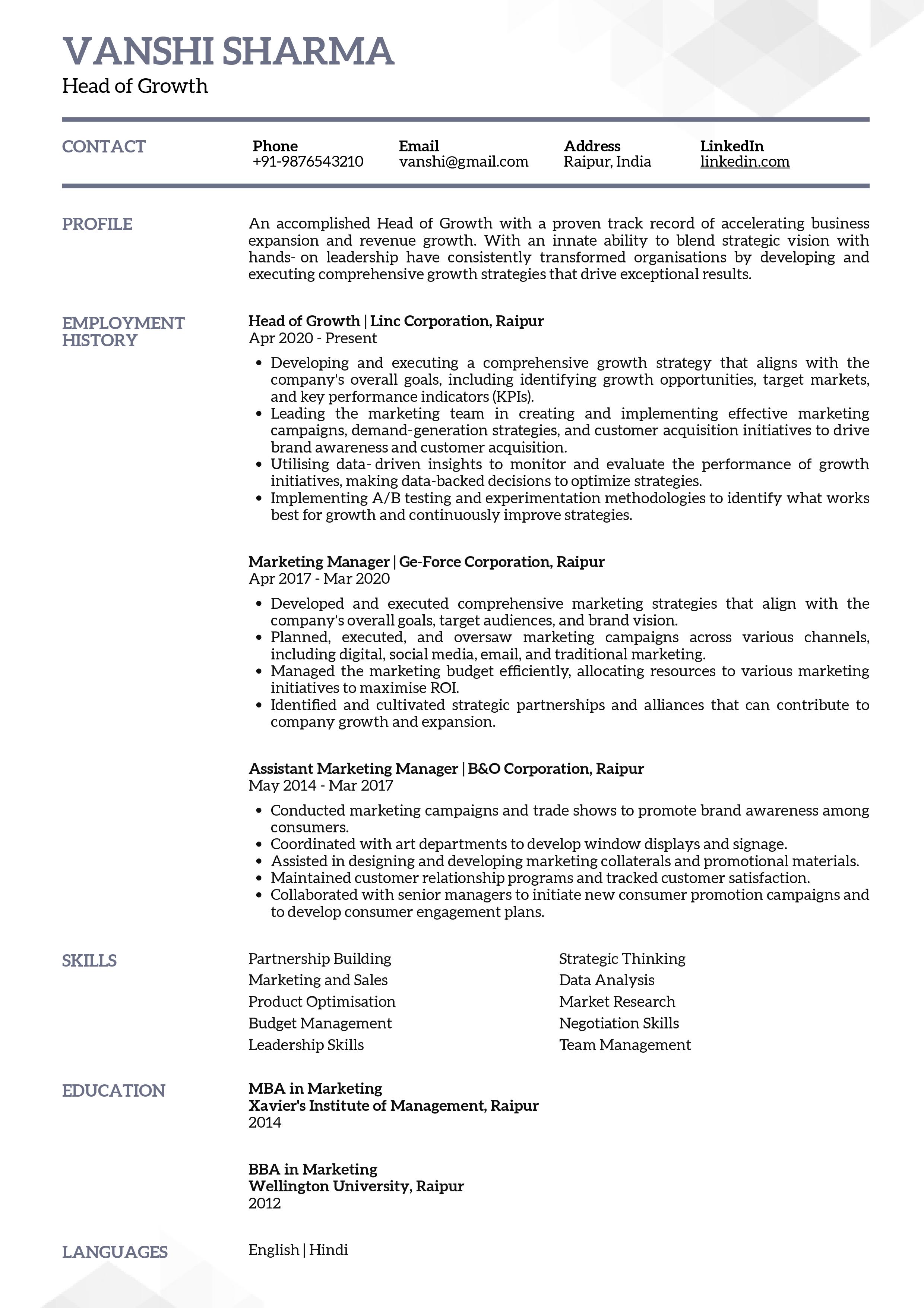 Sample Resume of Head of Growth with Template & Writing Guide | Resumod.co