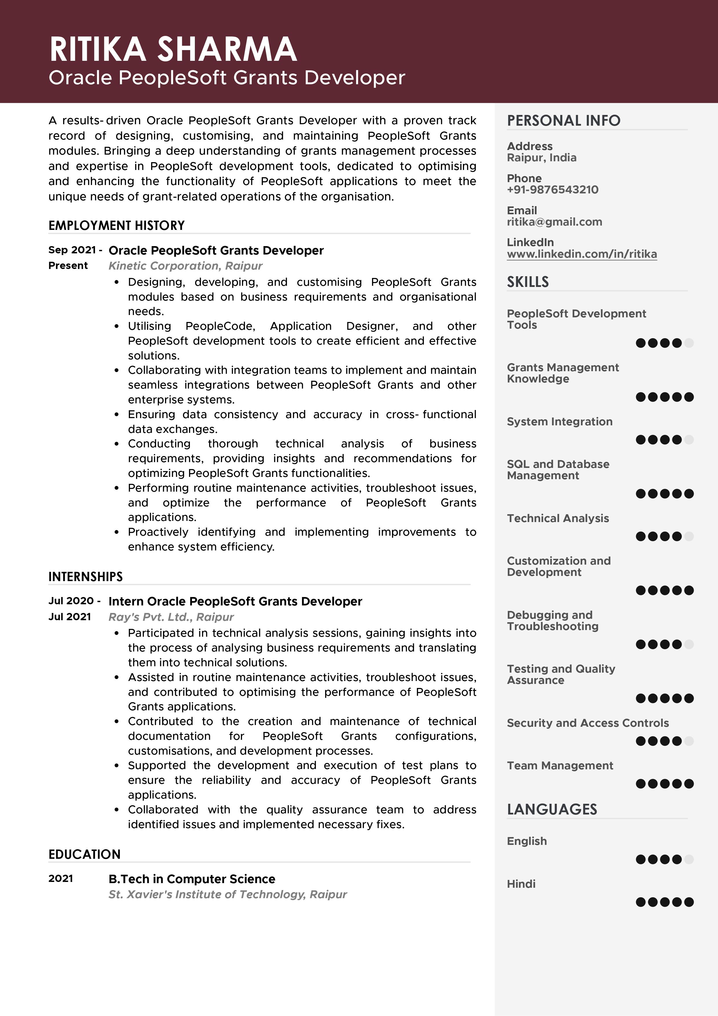 Sample Resume of Oracle PeopleSoft Grants Developer with Template ...