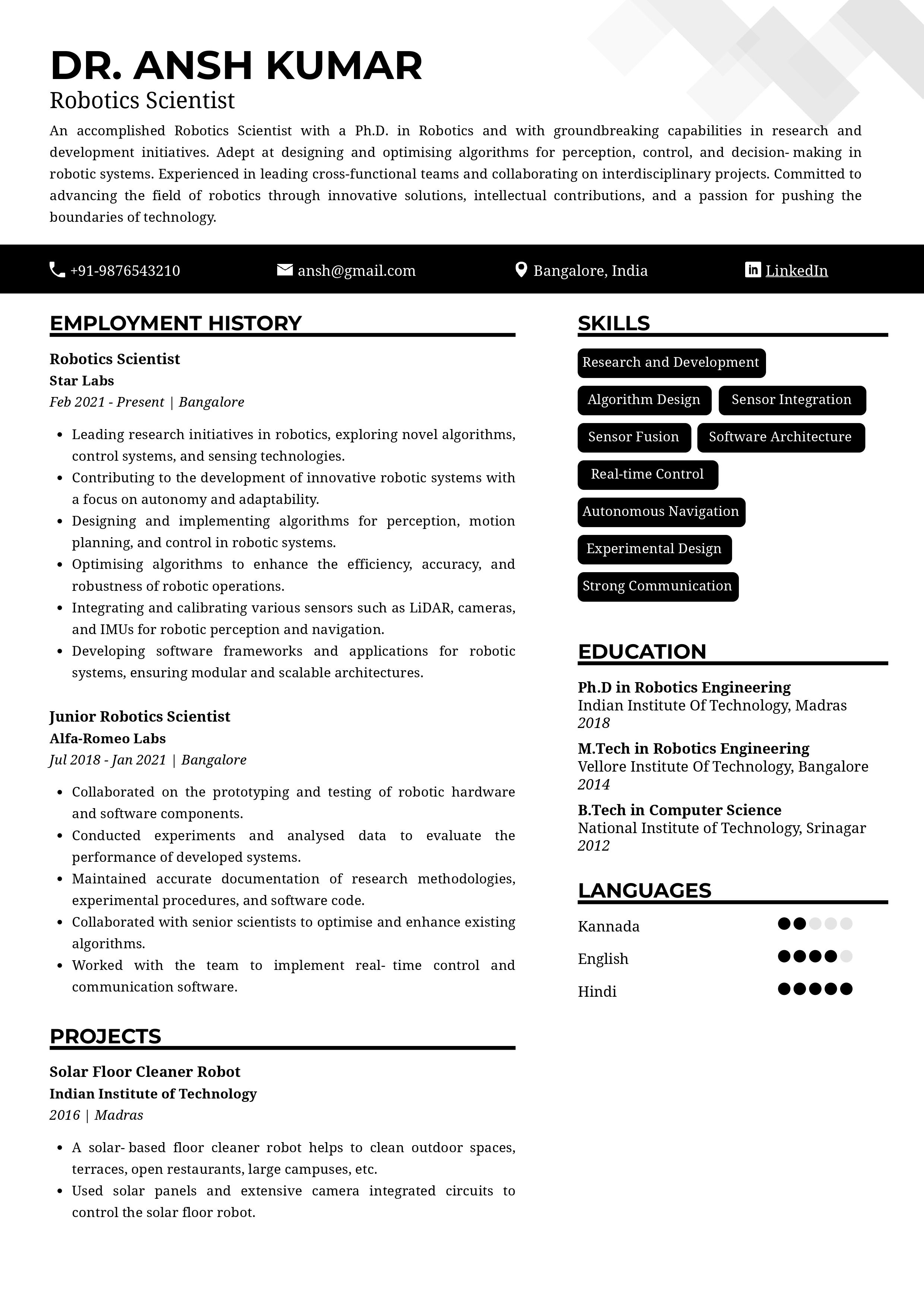 Sample Resume of Robotics Scientist with Template & Writing Guide ...