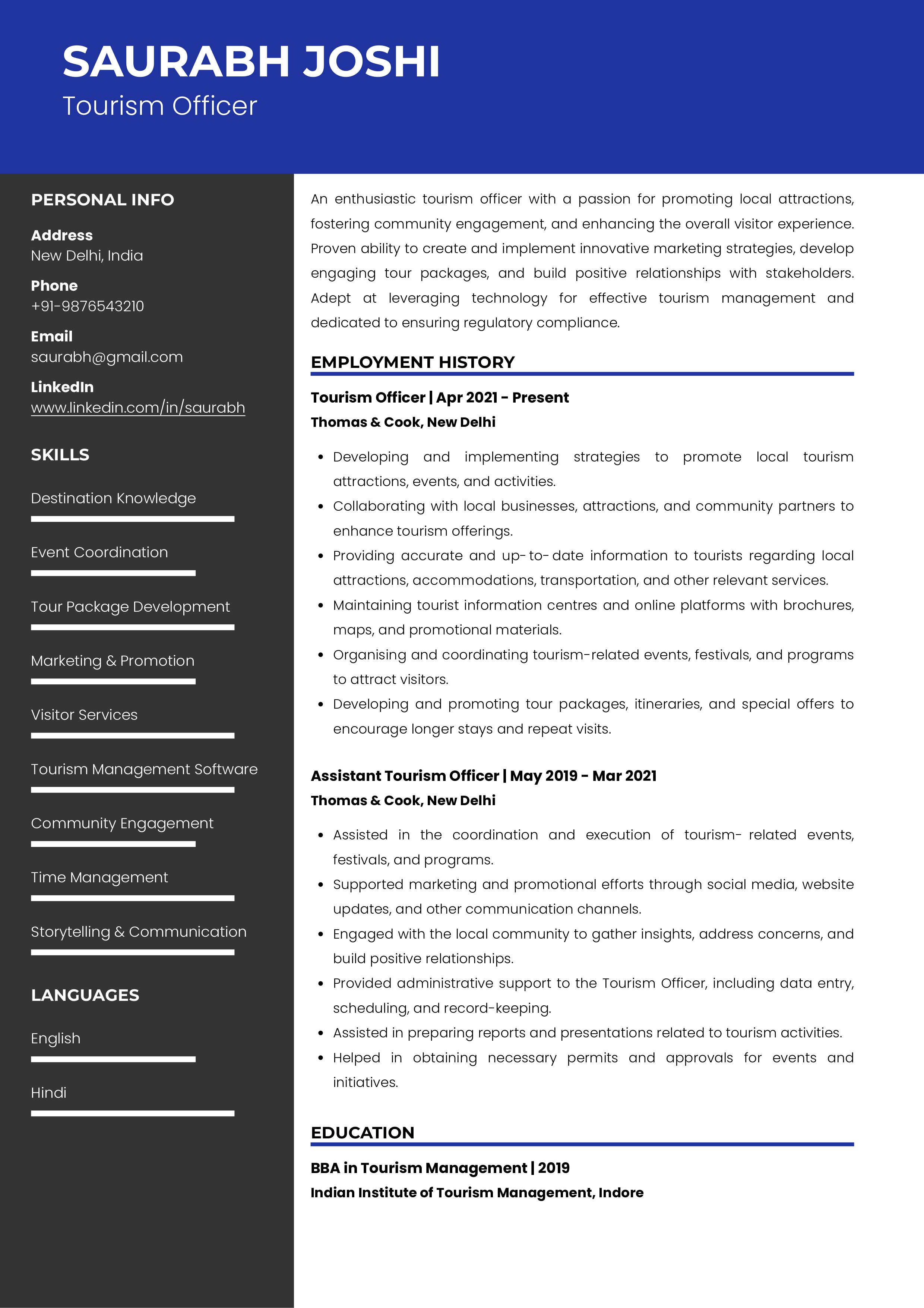 Sample Resume of Tourism Officer with Template & Writing Guide | Resumod.co