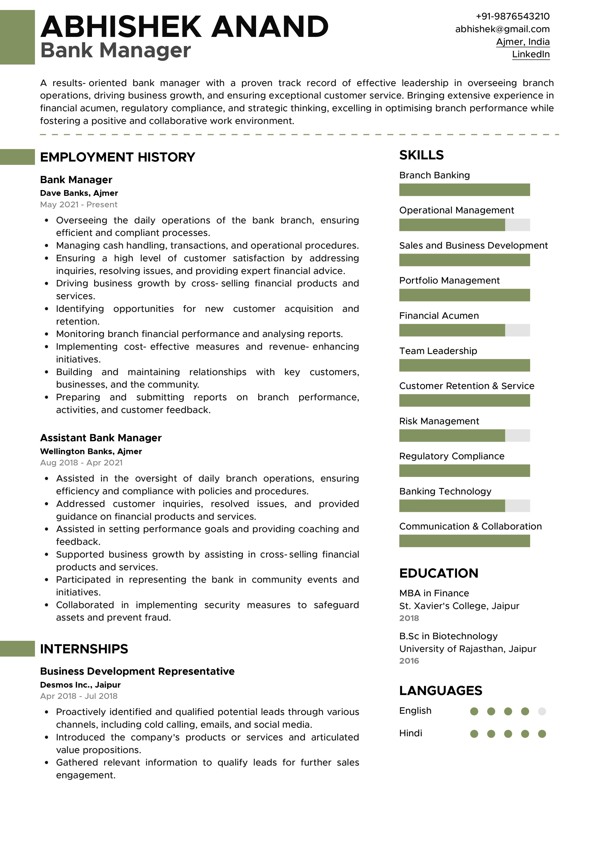 Sample Resume of Bank Manager with Template & Writing Guide | Resumod.co