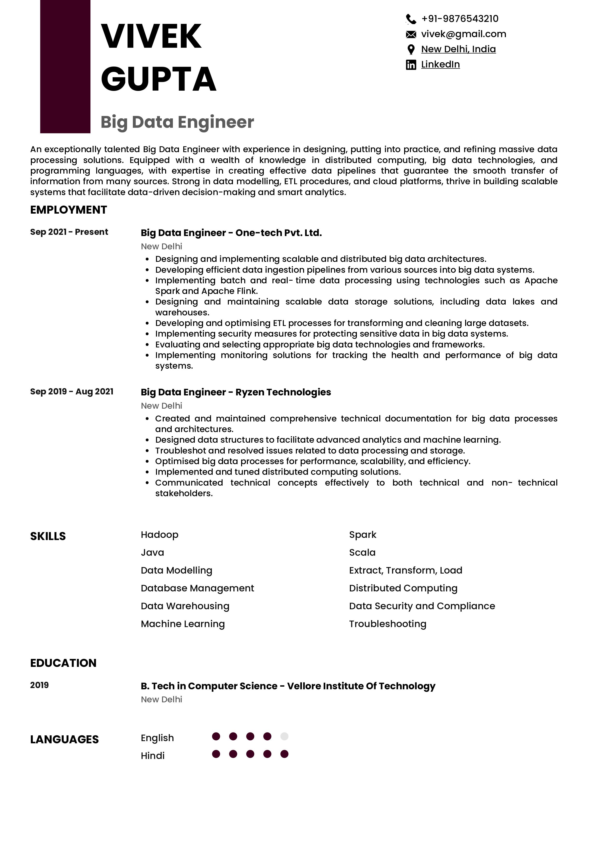 big data support engineer resume