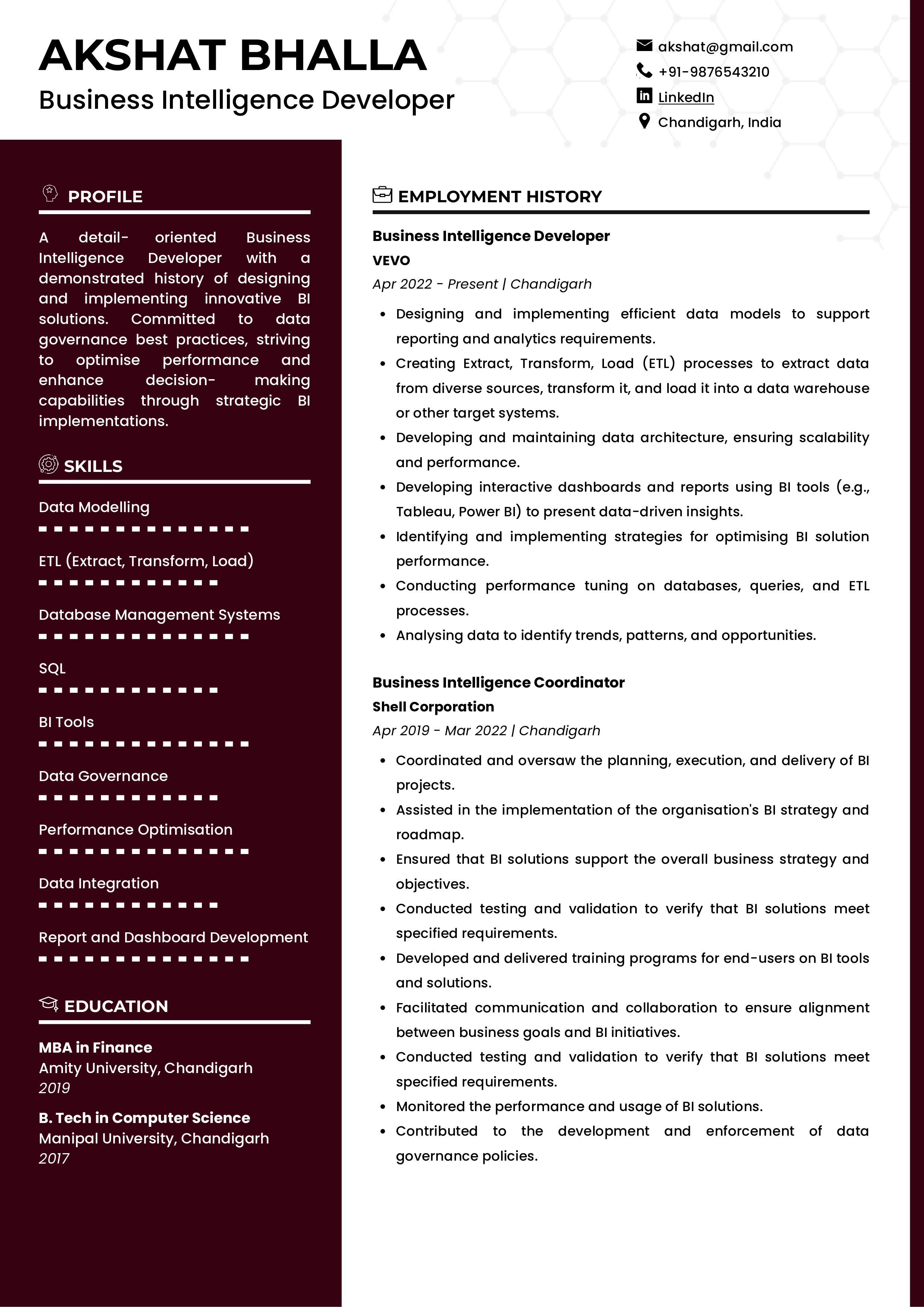 Sample Resume of Business Intelligence Developer with Template ...