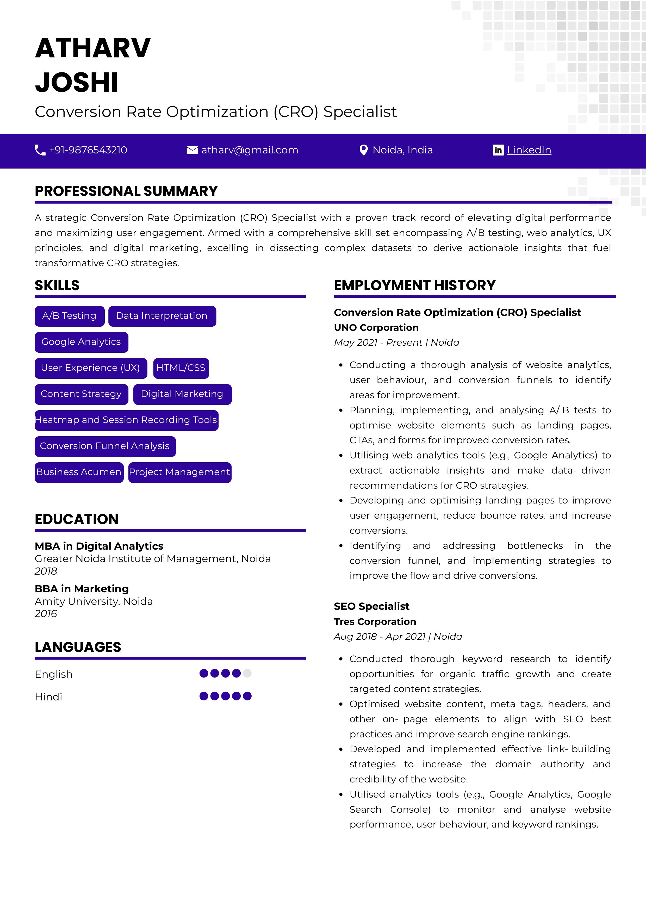 Sample Resume of Conversion Rate Optimization (CRO) Specialist with ...