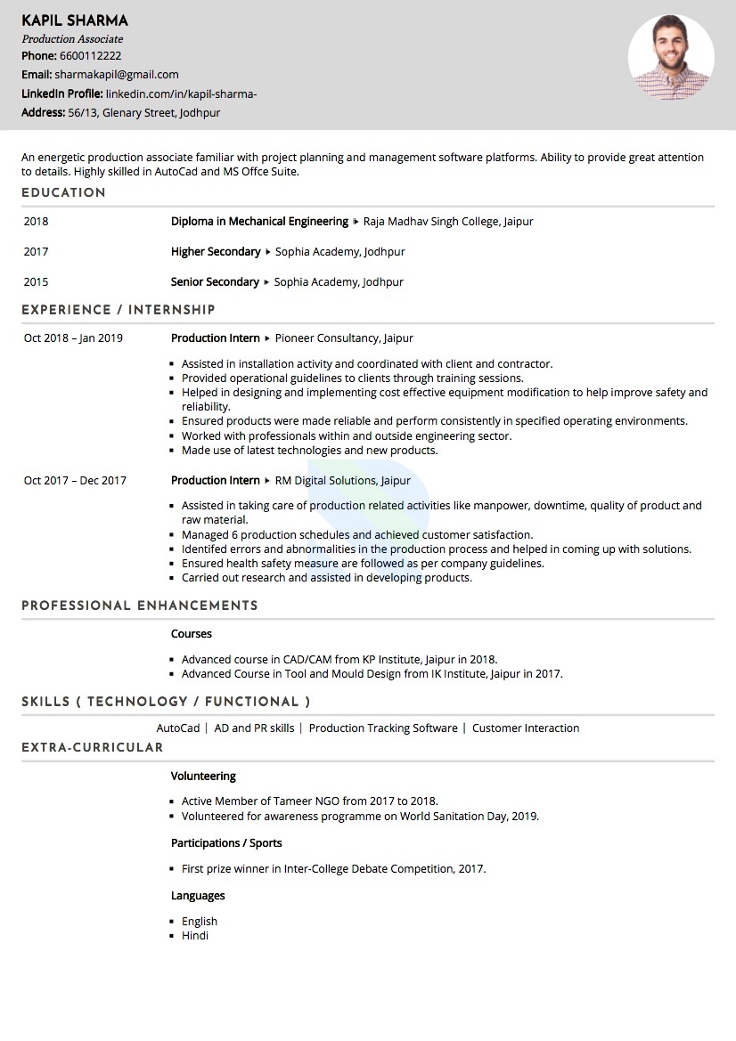 Resume of Production Engineer