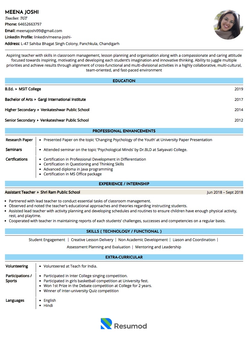 Resume of Primary School Teacher (TGT)