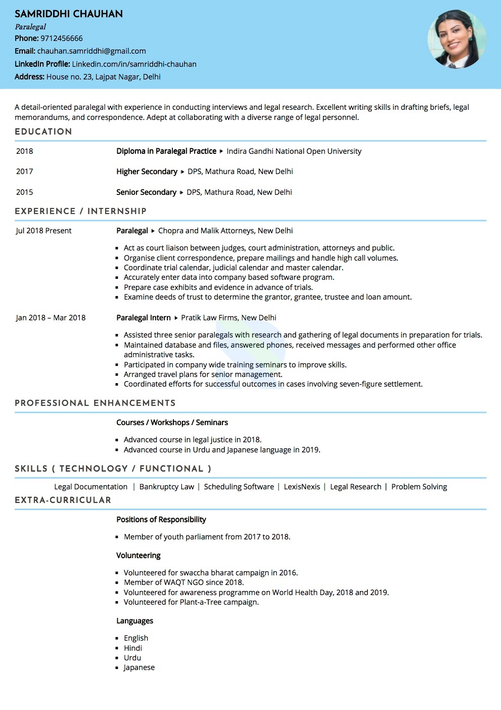 Resume of Paralegal
