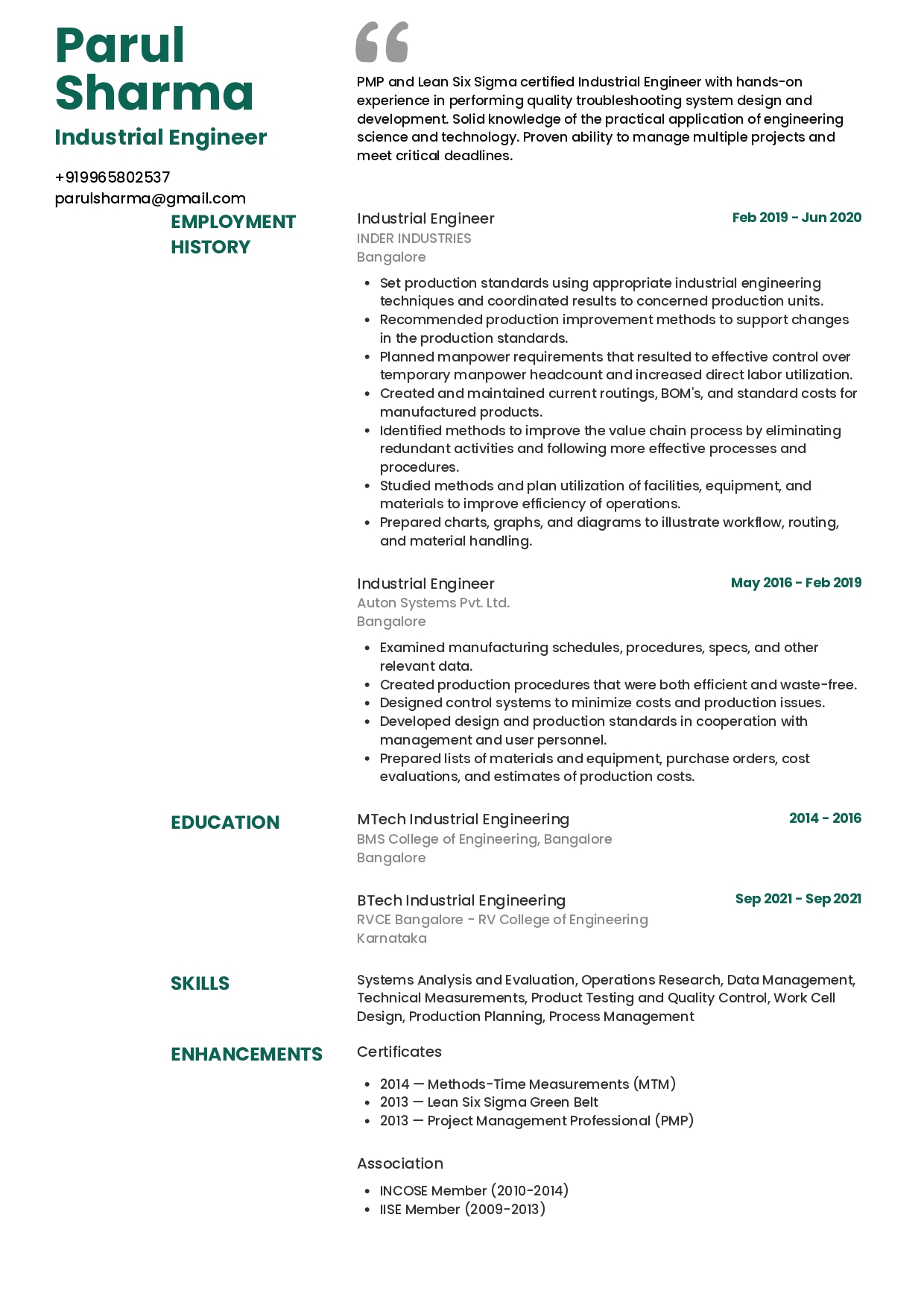 Resume of Industrial Engineer