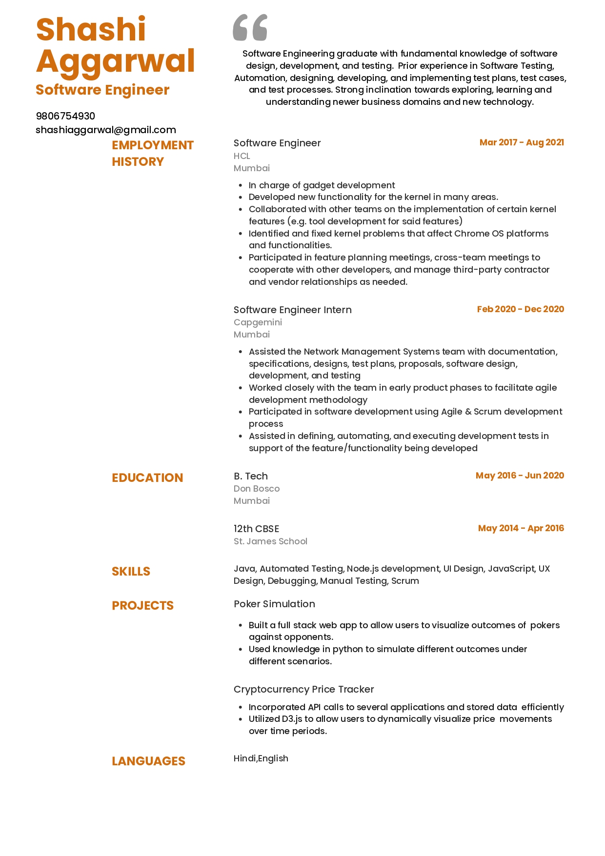 Resume of Software Engineer