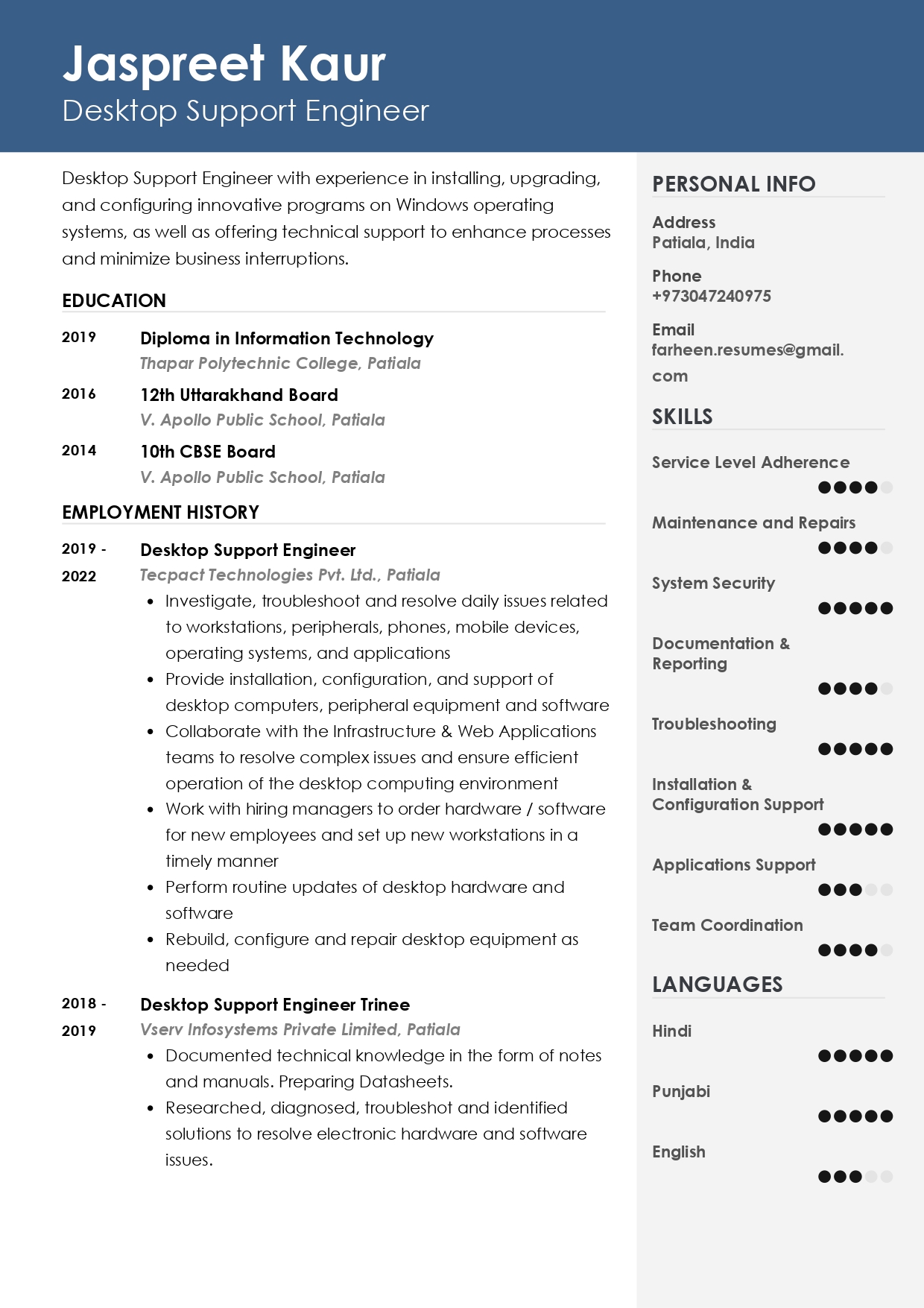 desktop support resume for fresher