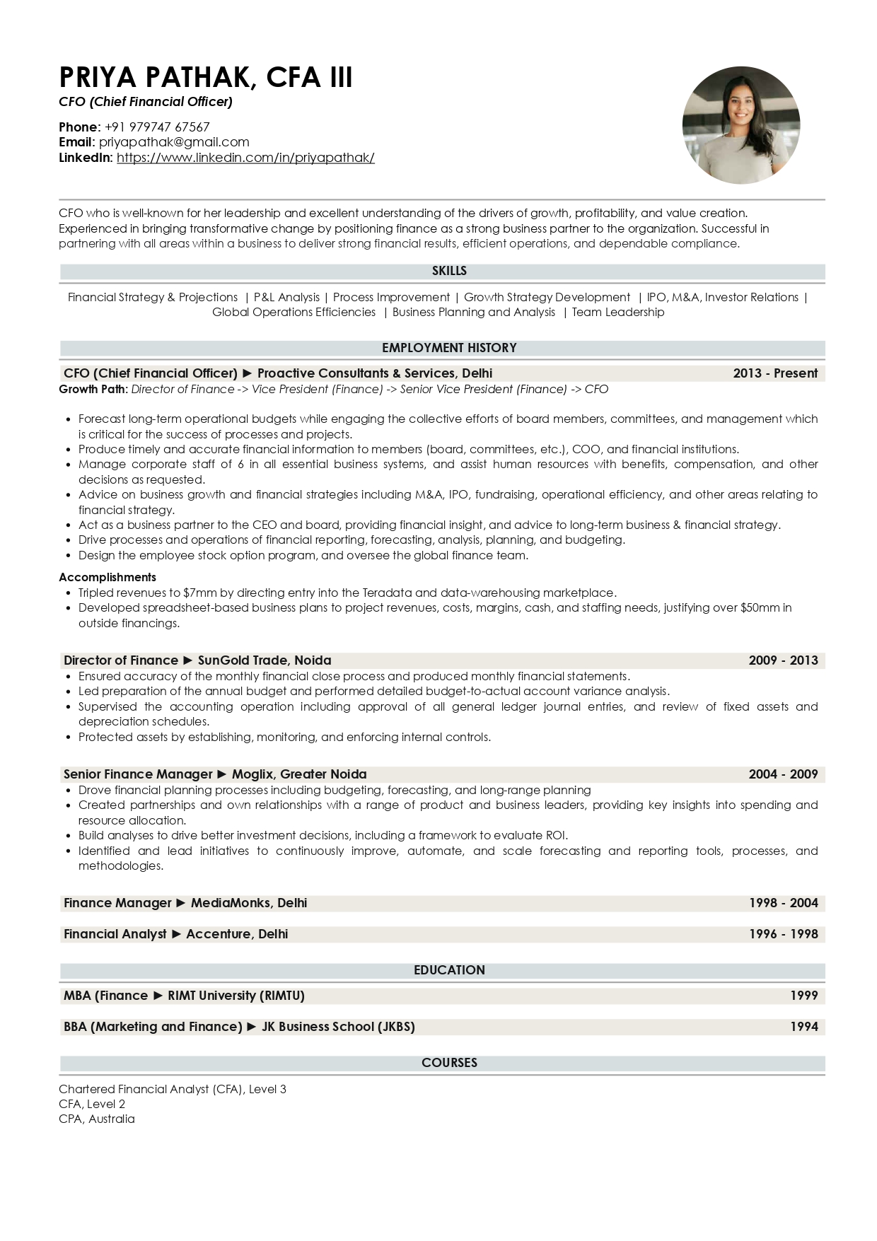 Resume of Chief Financial Officer (CFO)
