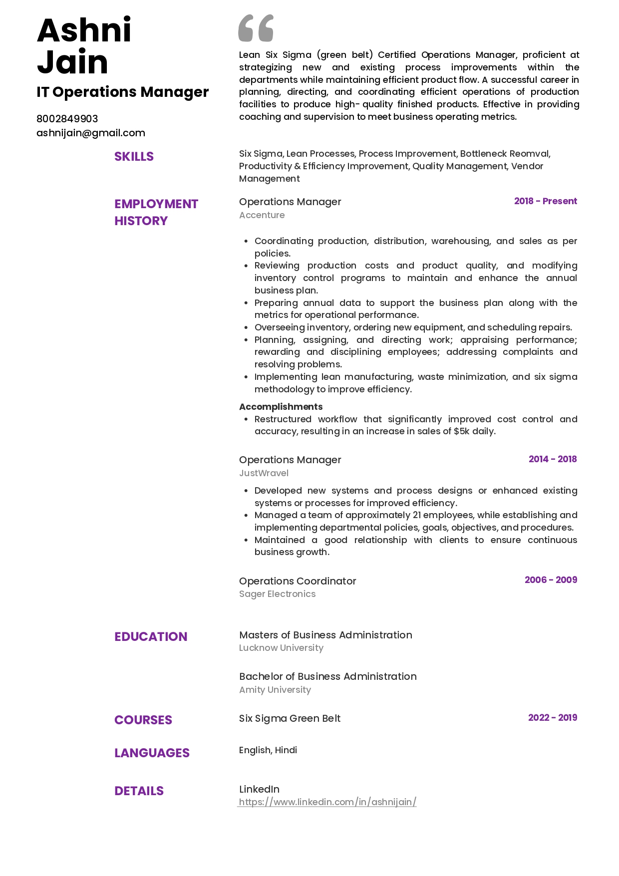 Resume of Operations Manager