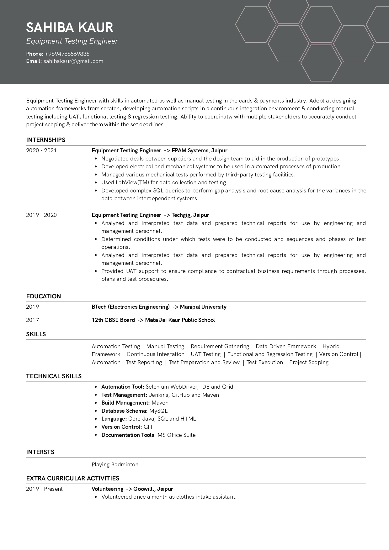 Resume of Equipment Testing Engineer
