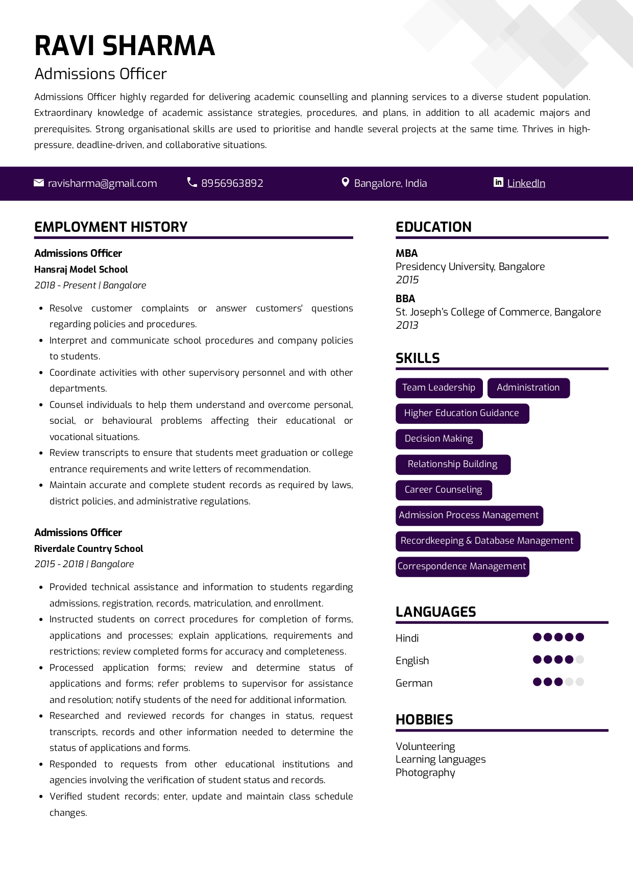 Resume of Admissions Officer