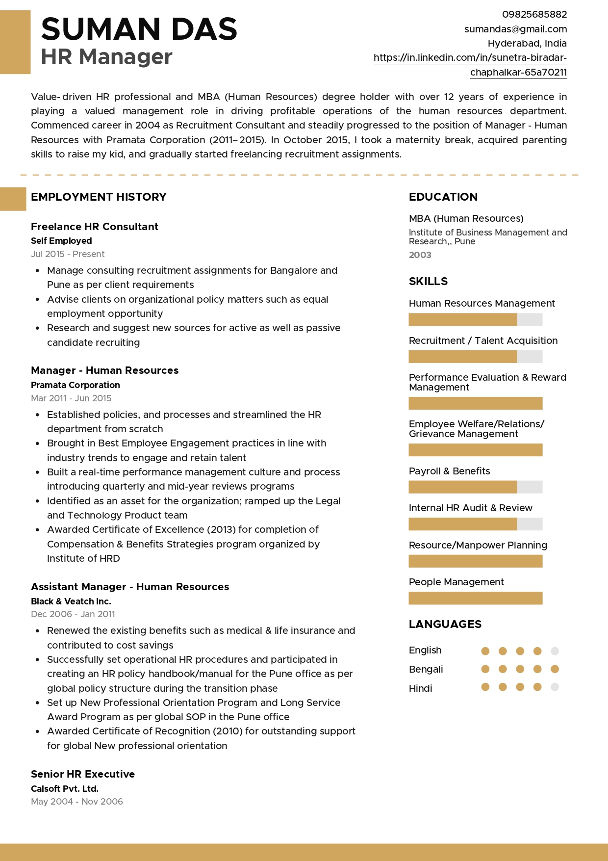 Resume of HR Manager with Career Break