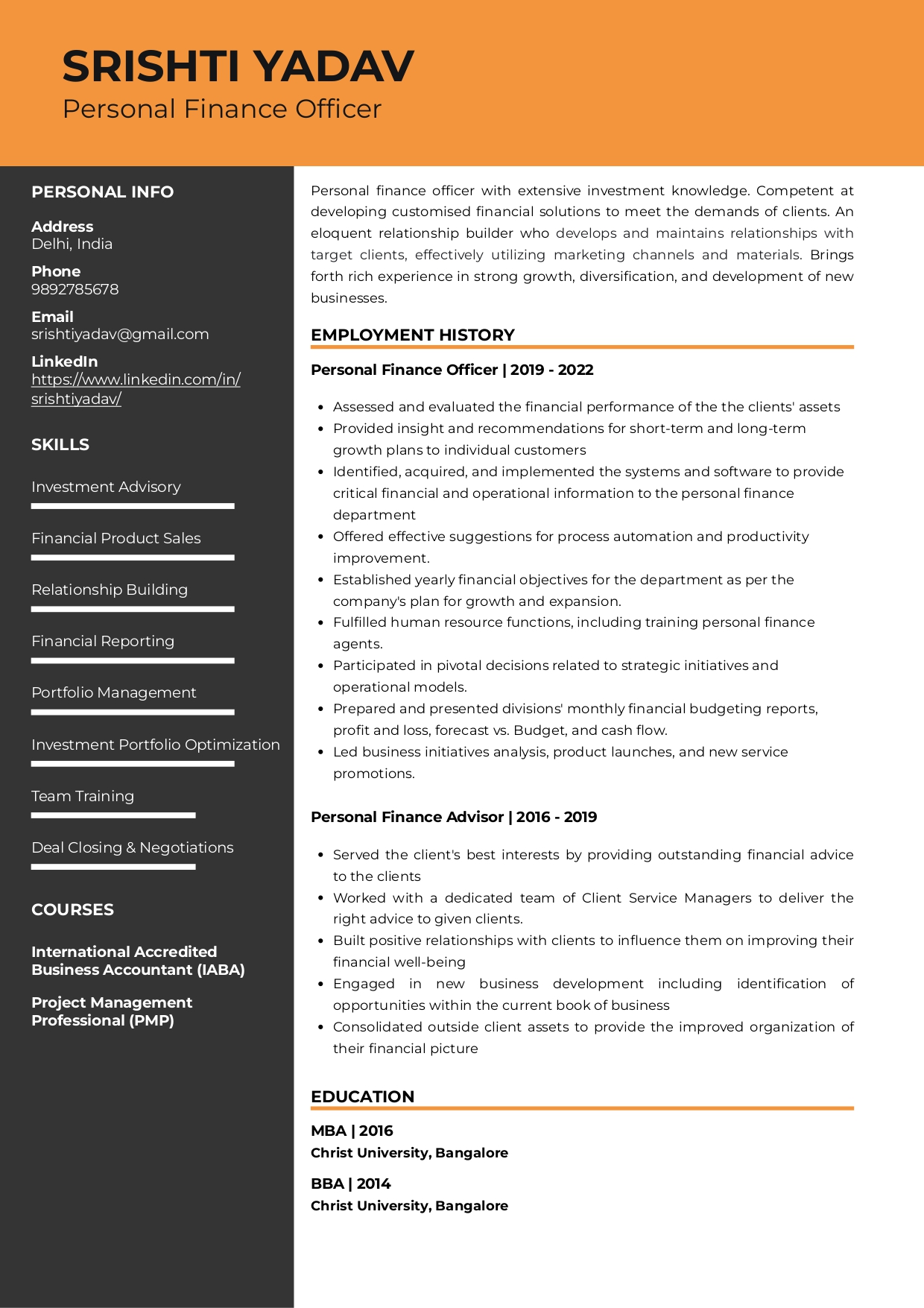 Resume of Personal Finance Officer