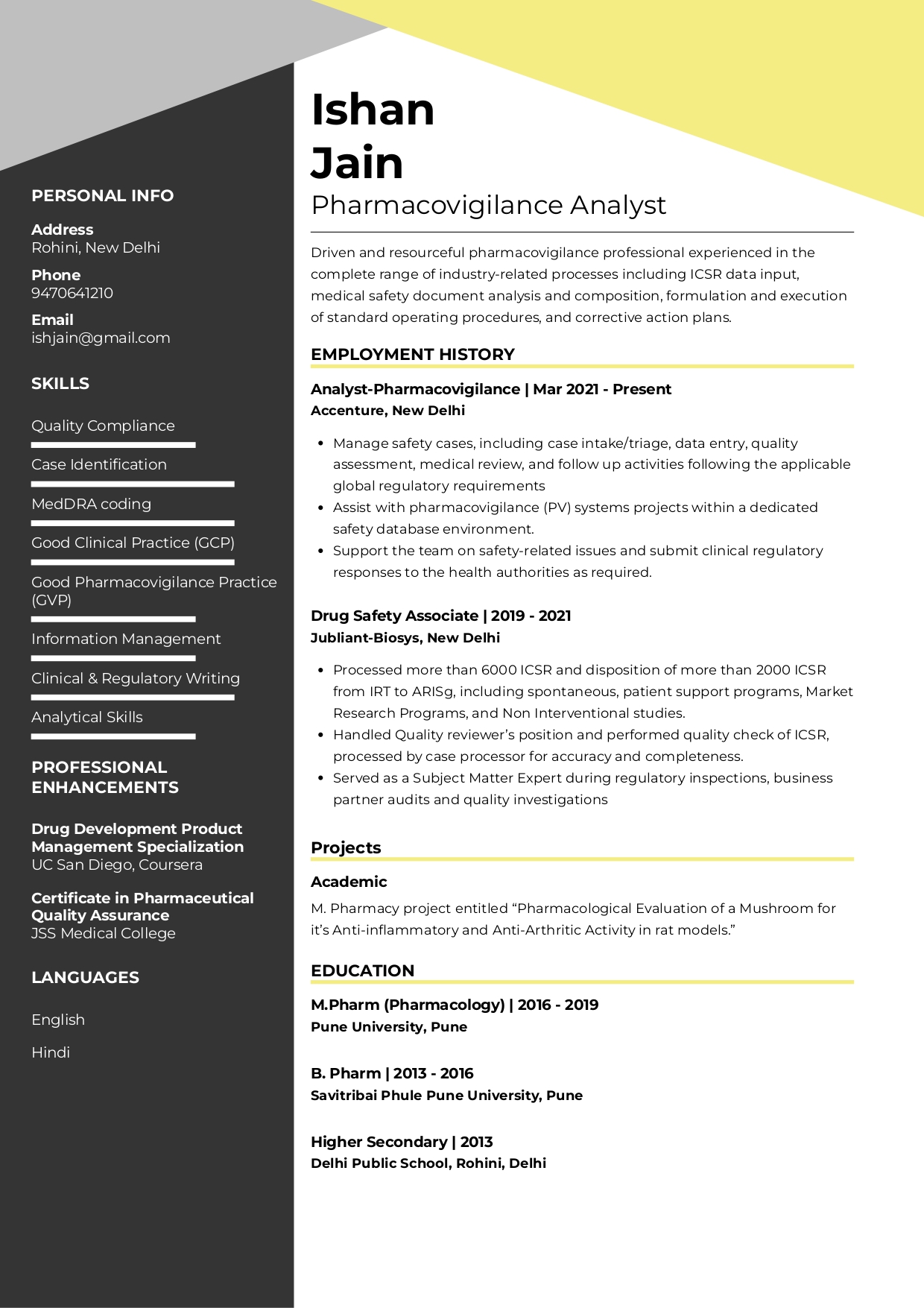 Resume of Pharmacovigilance Analyst