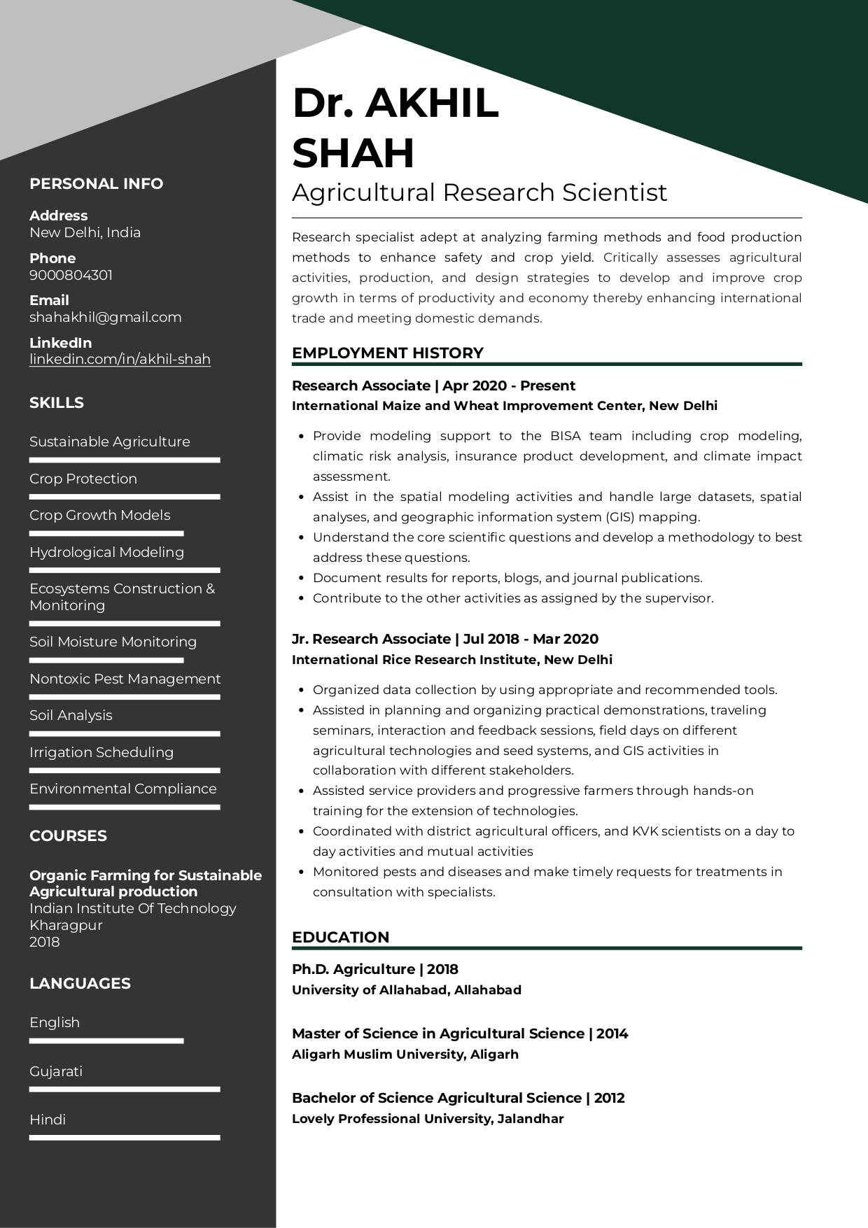 Resume of Agricultural Research Scientist