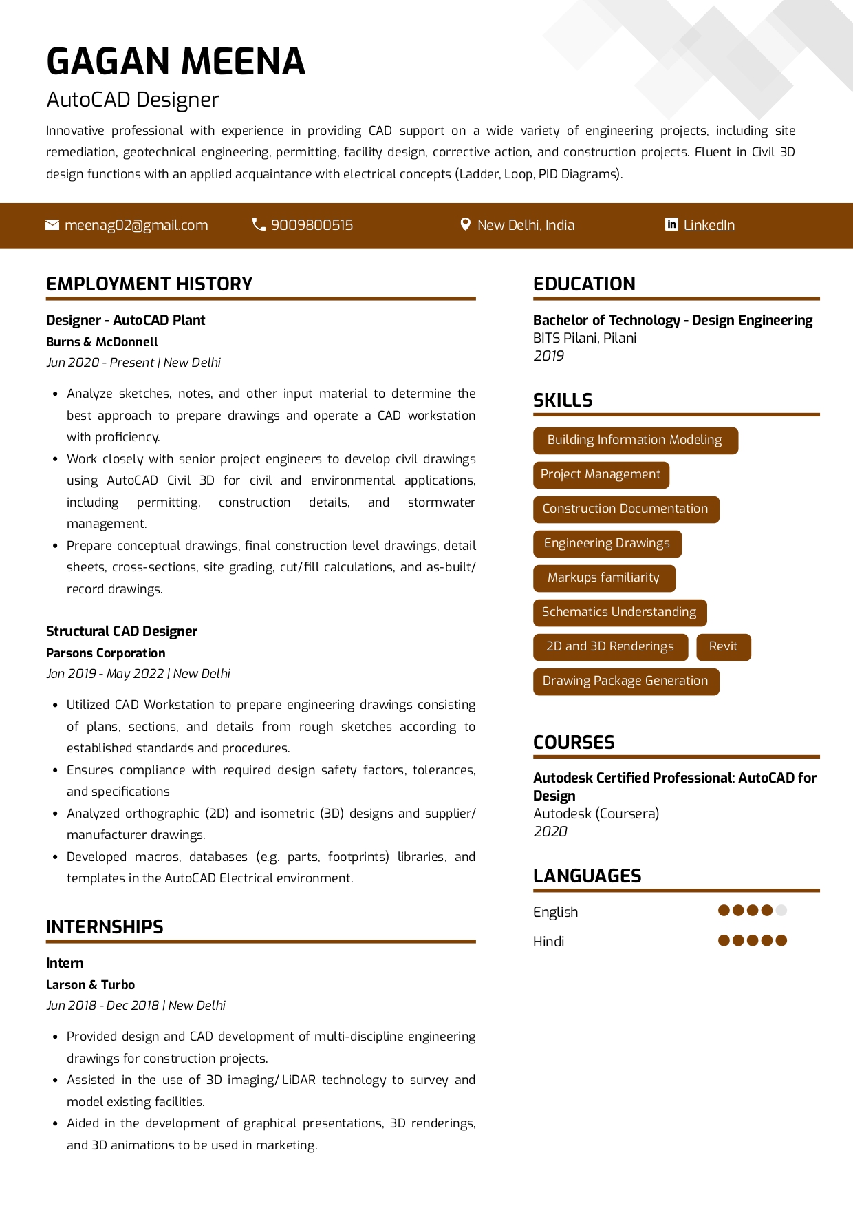 Resume of AutoCAD Designer